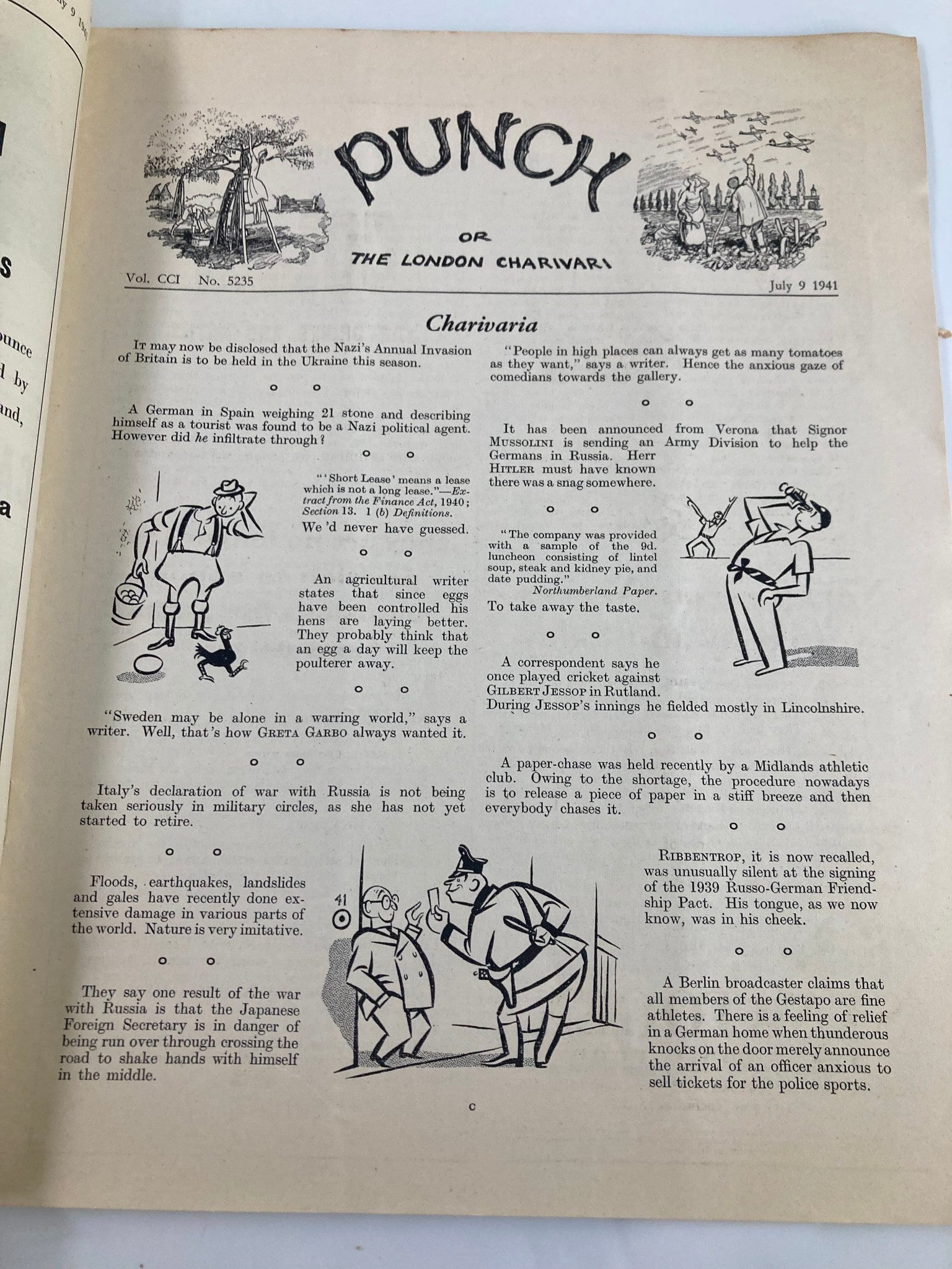 VTG Punch Magazine July 9 1941 #5235 Vol 201 WWII Cartoon & Humour