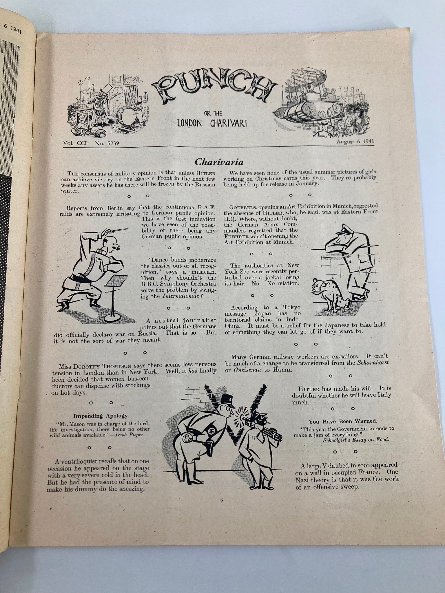 VTG Punch Magazine August 6 1941 #5239 Vol 201 WWII Cartoon & Humour