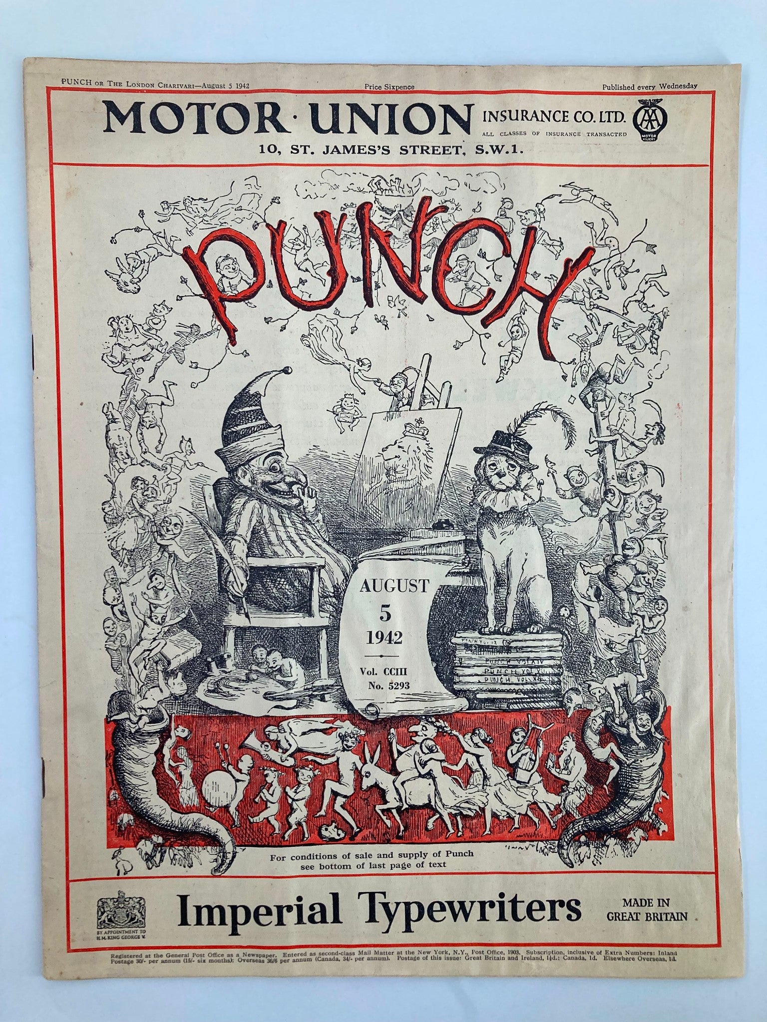 VTG Punch Magazine August 5 1942 #5293 Vol 203 WWII Cartoon & Humour