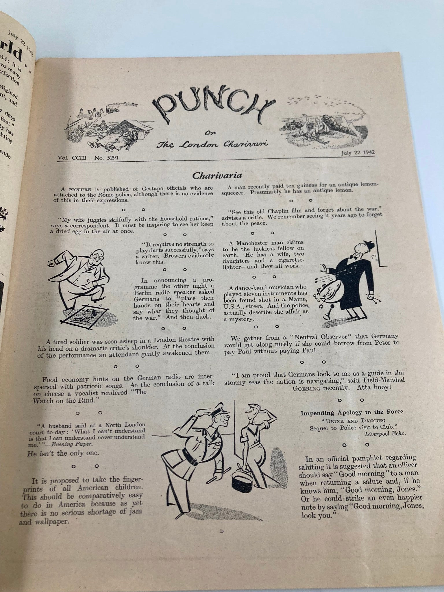 VTG Punch Magazine July 22 1942 #5291 Vol 203 WWII Cartoon & Humour