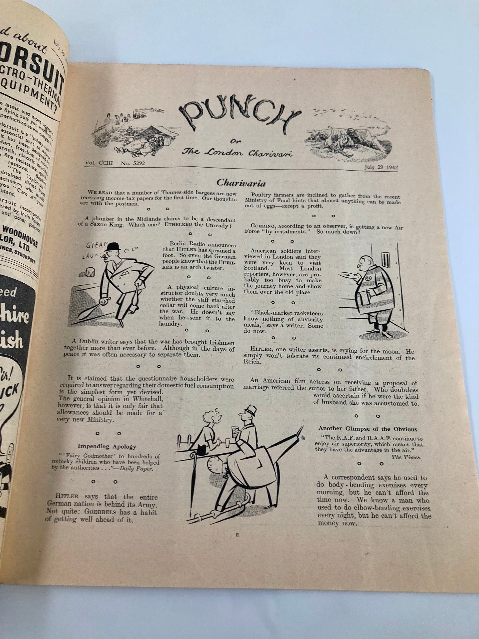 VTG Punch Magazine July 29 1942 #5292 Vol 203 WWII Cartoon & Humour