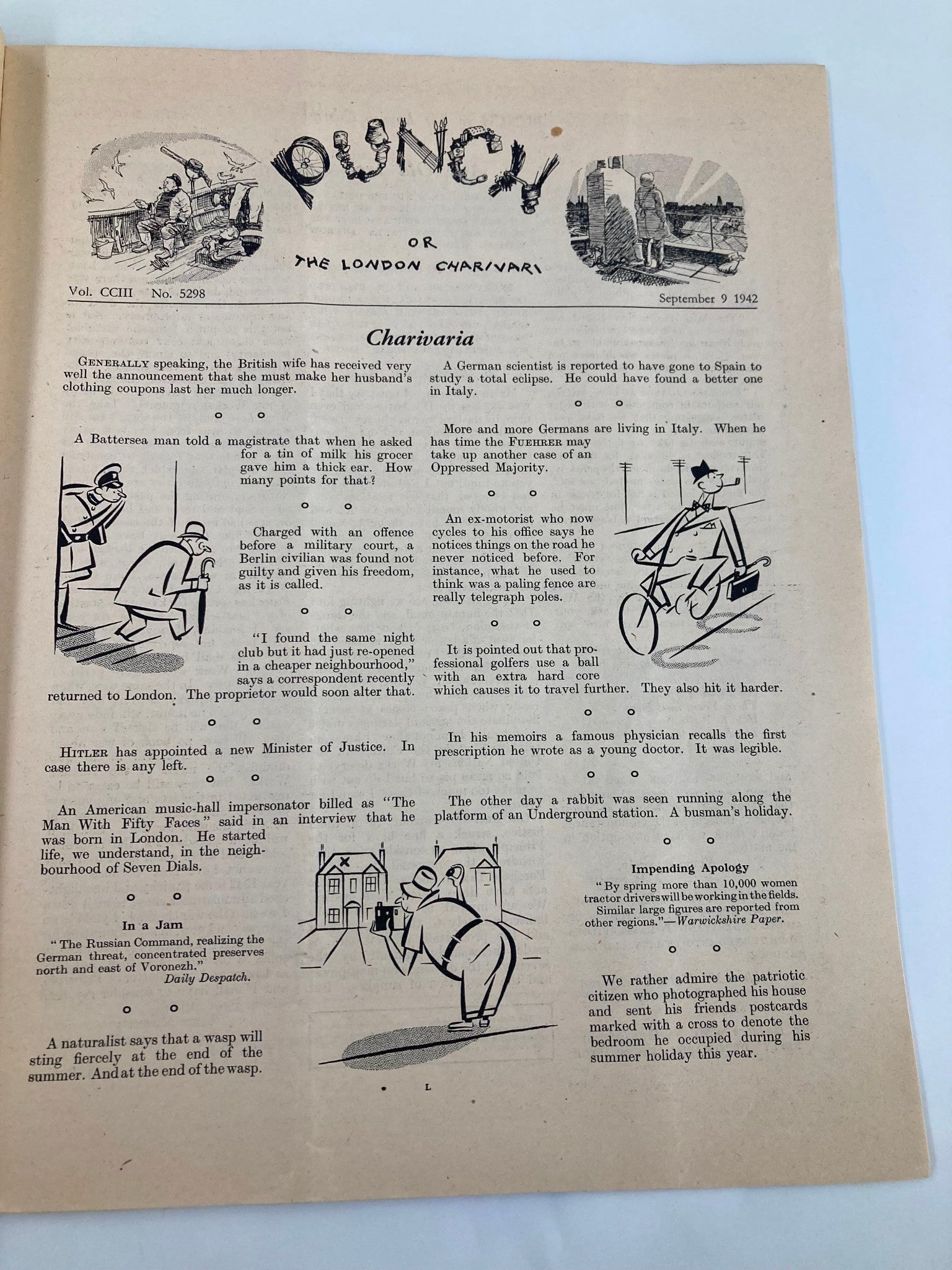 VTG Punch Magazine September 9 1942 #5298 Vol 203 WWII Cartoon & Humour