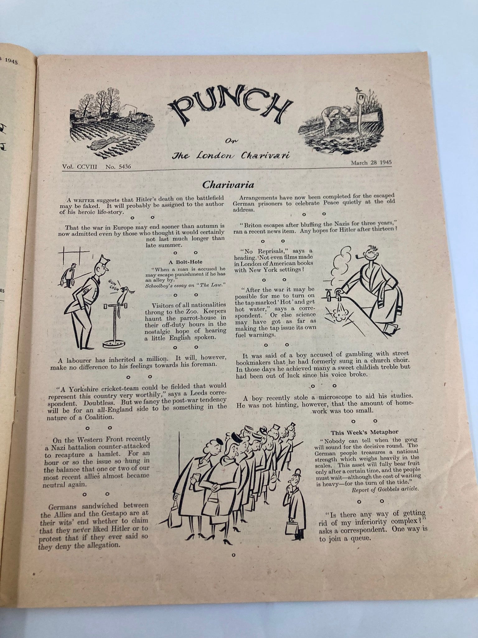 VTG Punch Magazine March 28 1945 #5436 Vol 208 WWII Cartoon & Humour