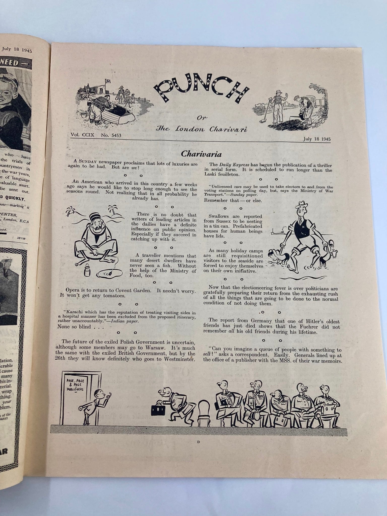 VTG Punch Magazine July 18 1945 #5453 Vol 209 WWII Cartoon & Humour