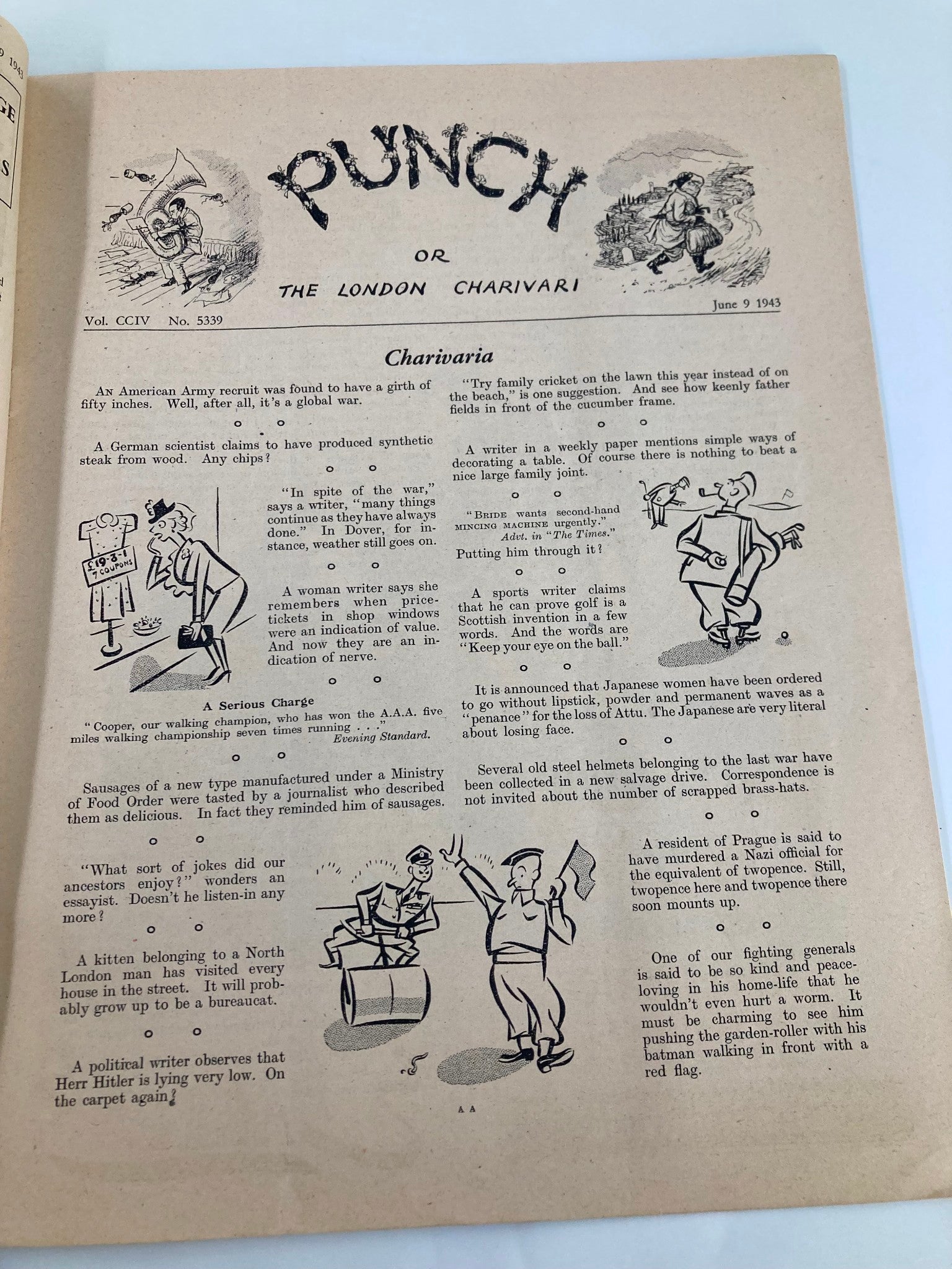 VTG Punch Magazine June 9 1943 #5339 Vol 204 WWII Cartoon & Humour