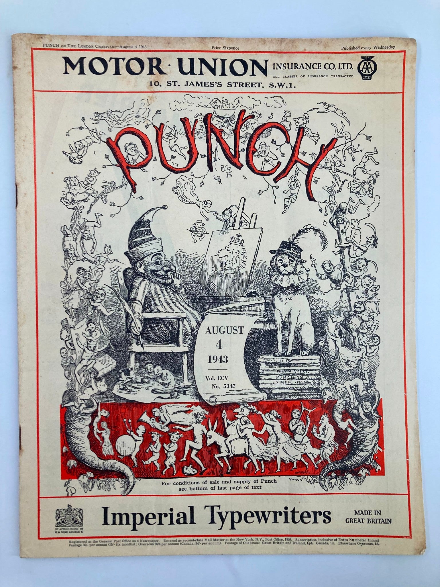 VTG Punch Magazine August 4 1943 #5347 Vol 205 WWII Cartoon & Humour