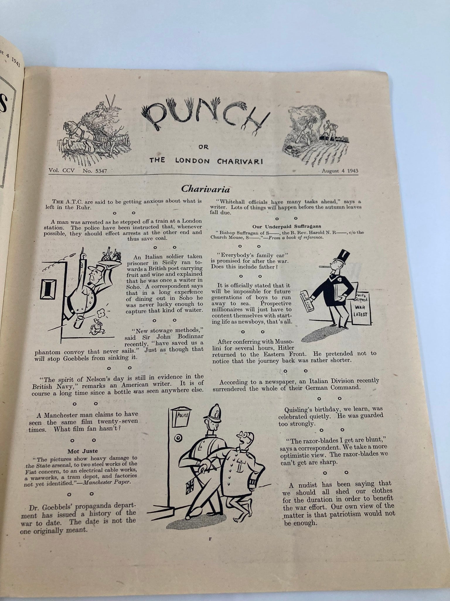 VTG Punch Magazine August 4 1943 #5347 Vol 205 WWII Cartoon & Humour