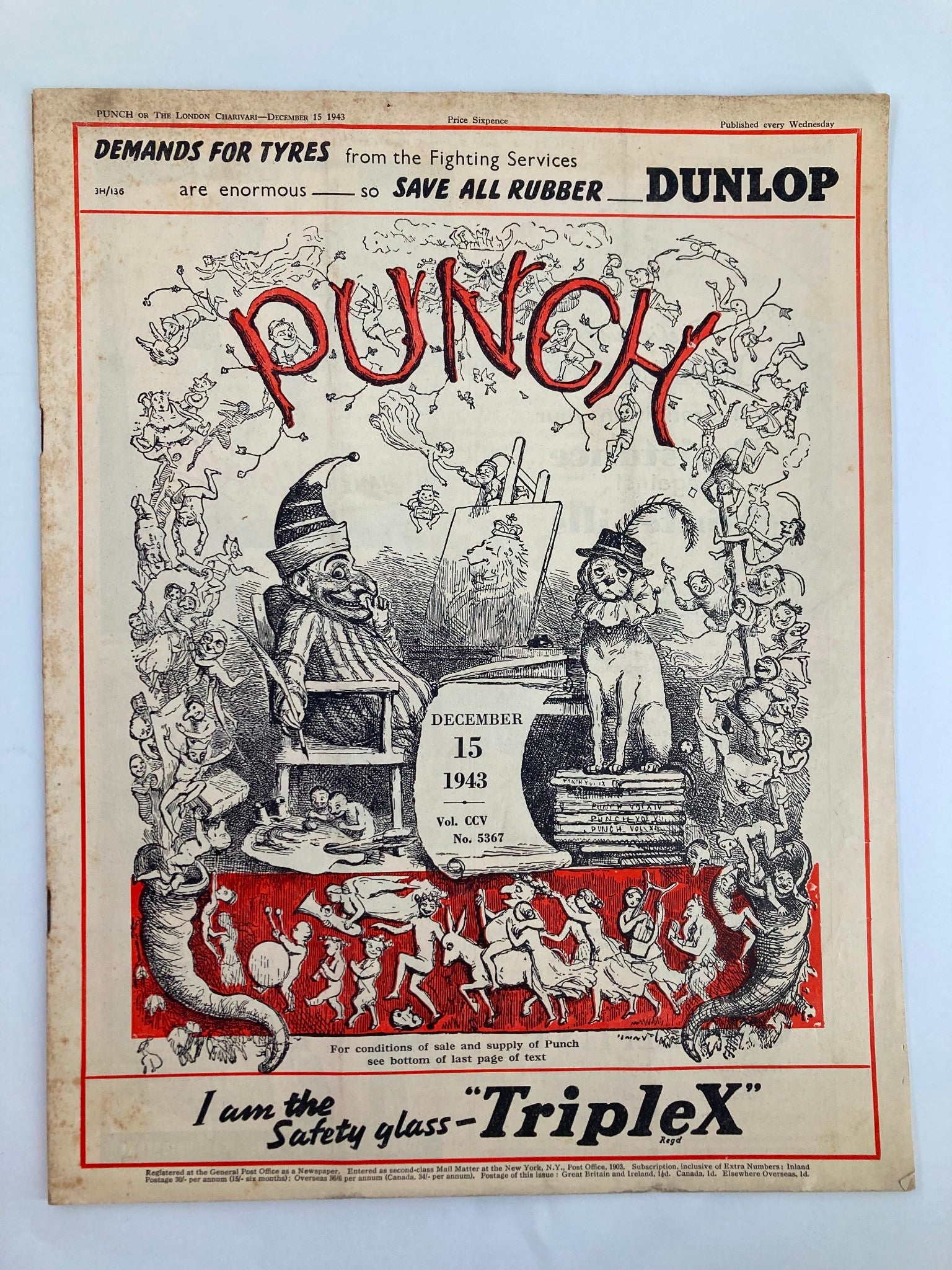 VTG Punch Magazine December 15 1943 #5367 Vol 205 WWII Cartoon & Humour