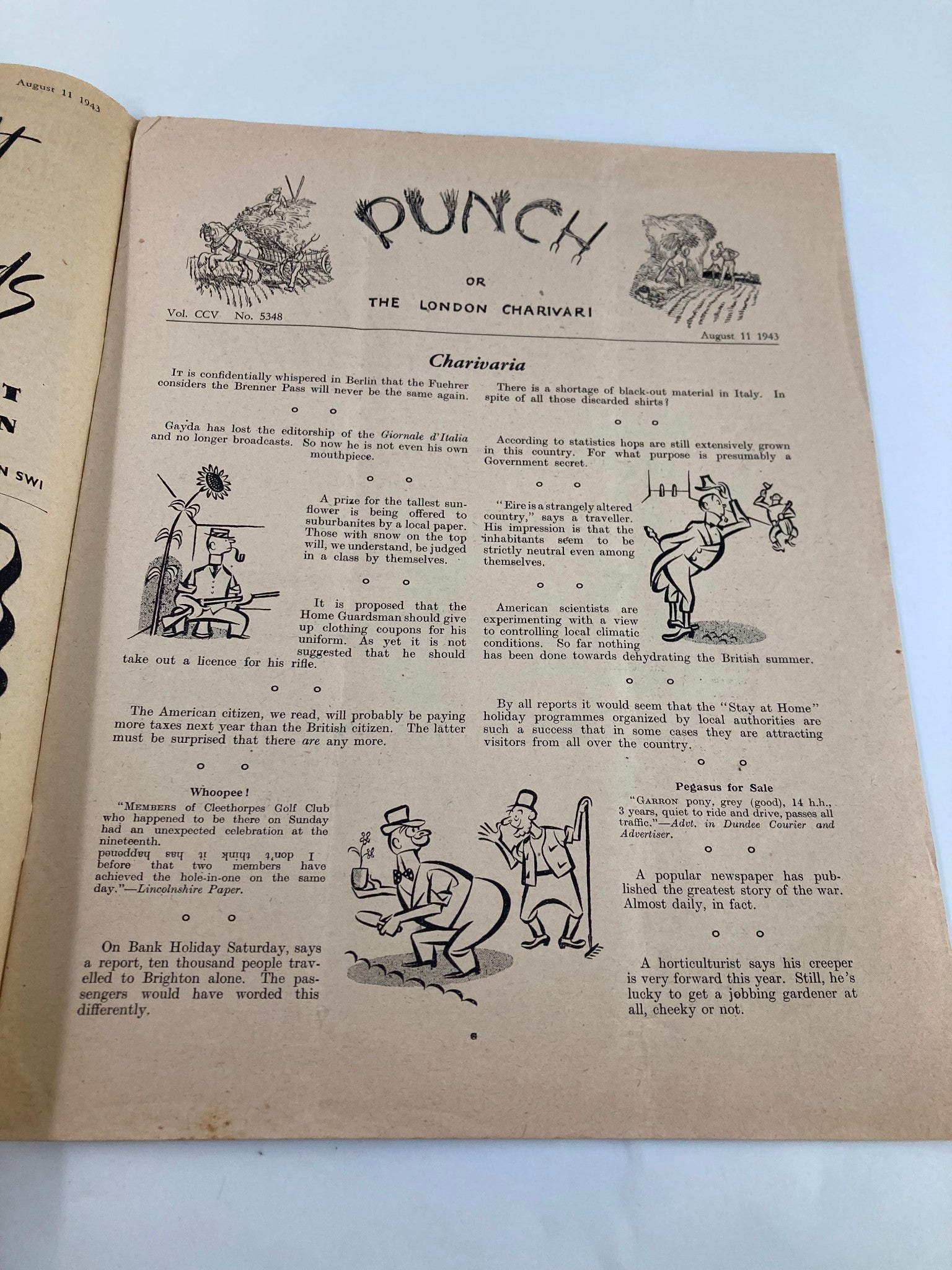 VTG Punch Magazine August 11 1943 #5348 Vol 205 WWII Cartoon & Humour