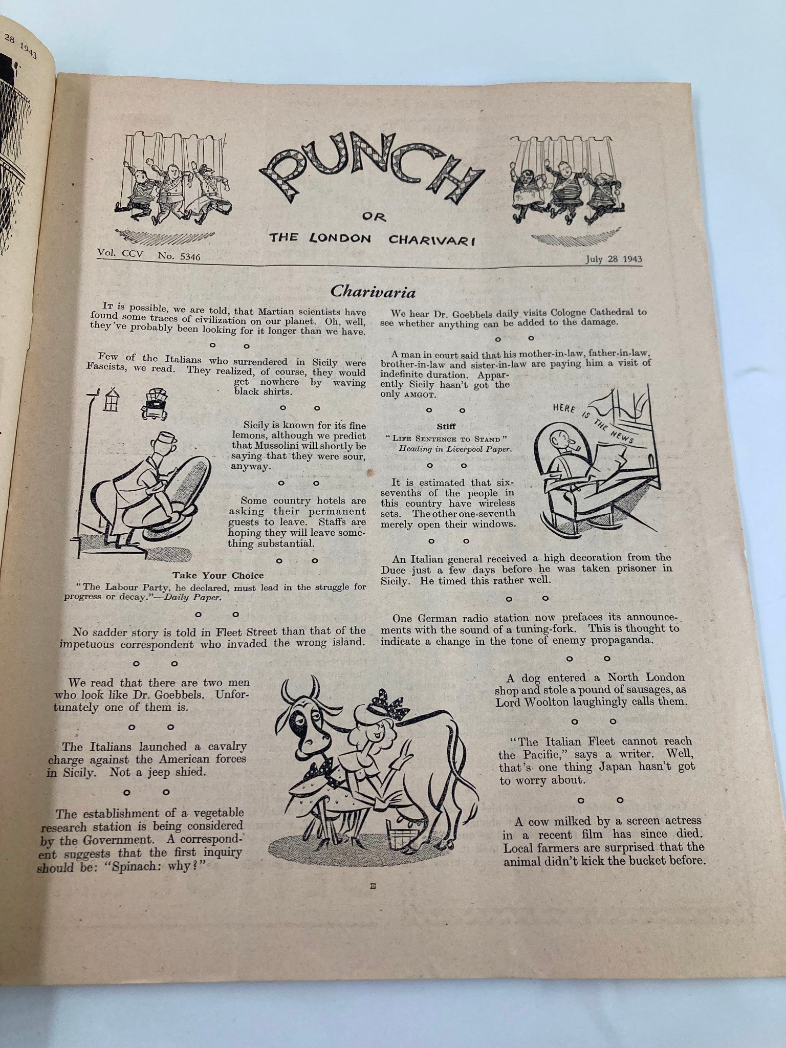 VTG Punch Magazine July 28 1943 #5346 Vol 205 WWII Cartoon & Humour