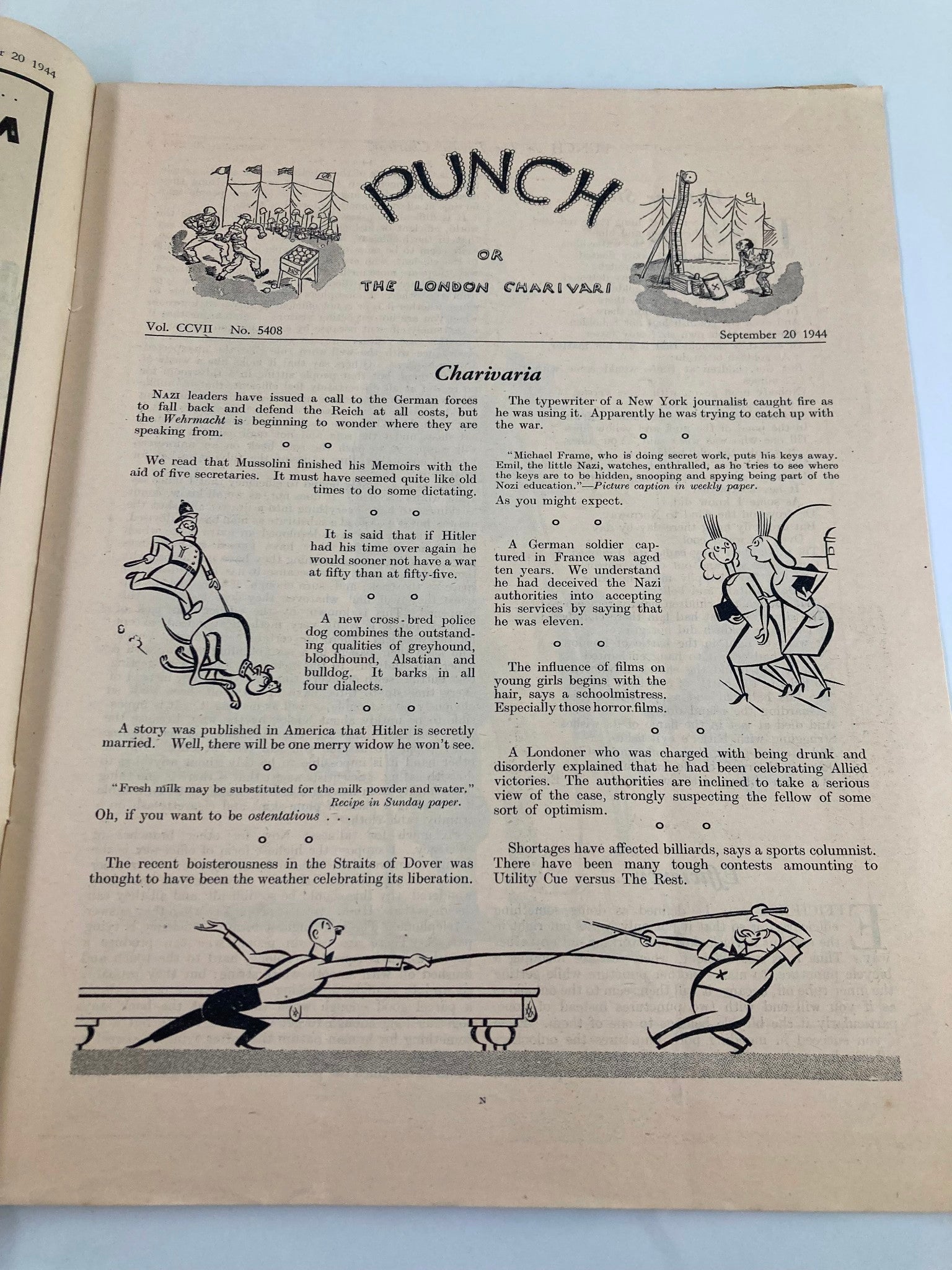 VTG Punch Magazine September 20 1944 #5408 Vol 207 WWII Cartoon & Humour