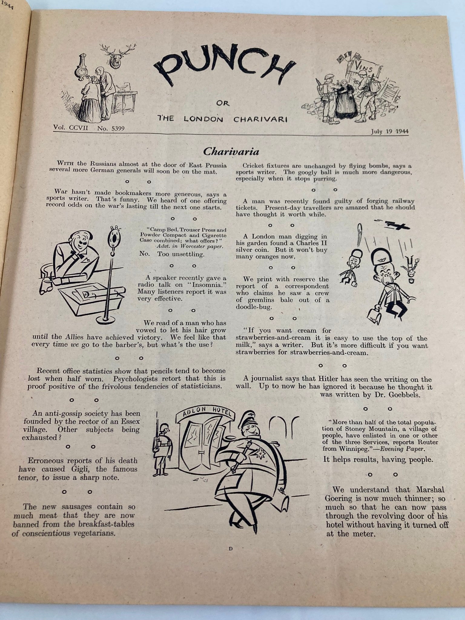 VTG Punch Magazine July 19 1944 #5399 Vol 207 WWII Cartoon & Humour