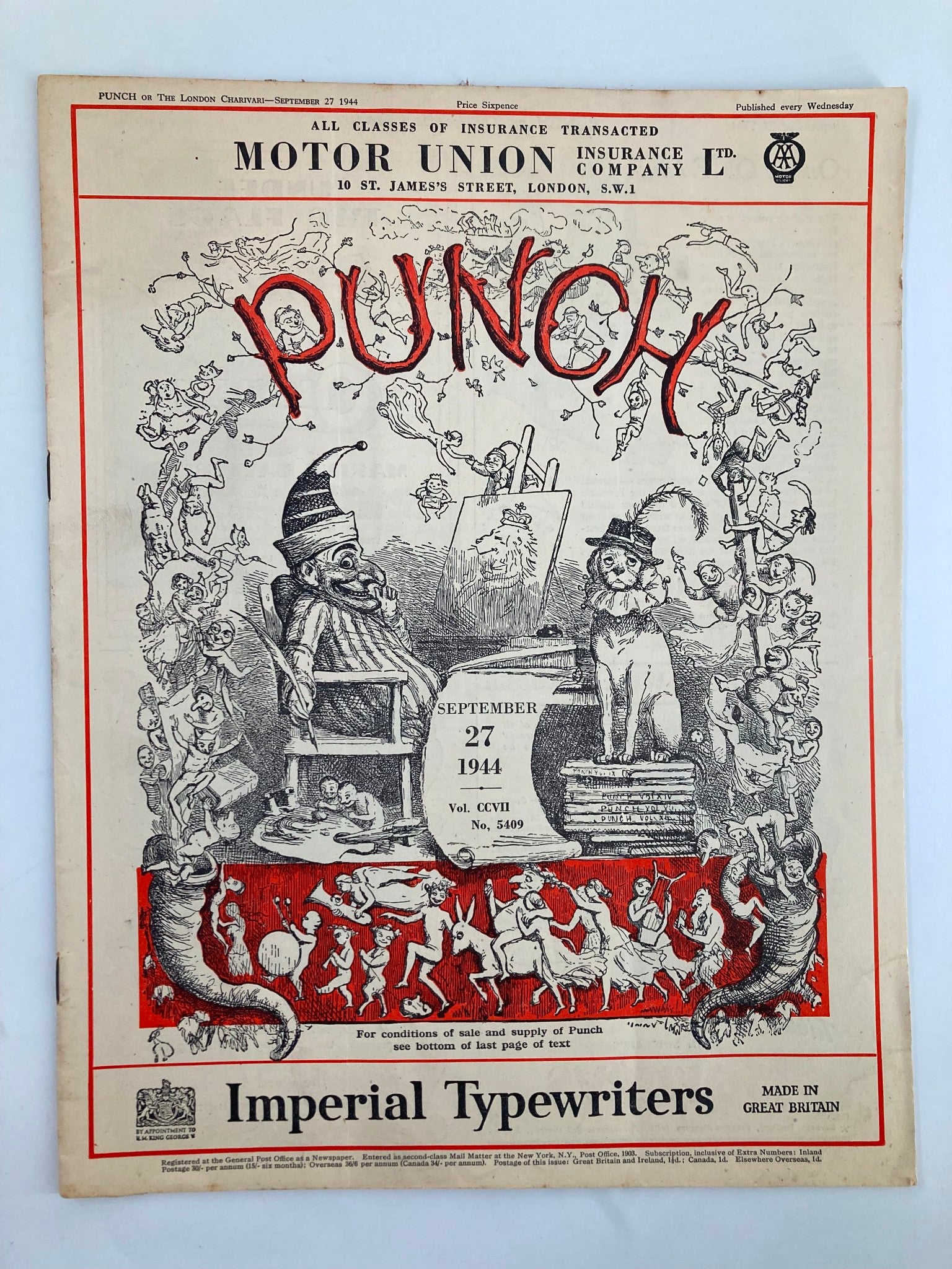 VTG Punch Magazine September 27 1944 #5409 Vol 207 WWII Cartoon & Humour