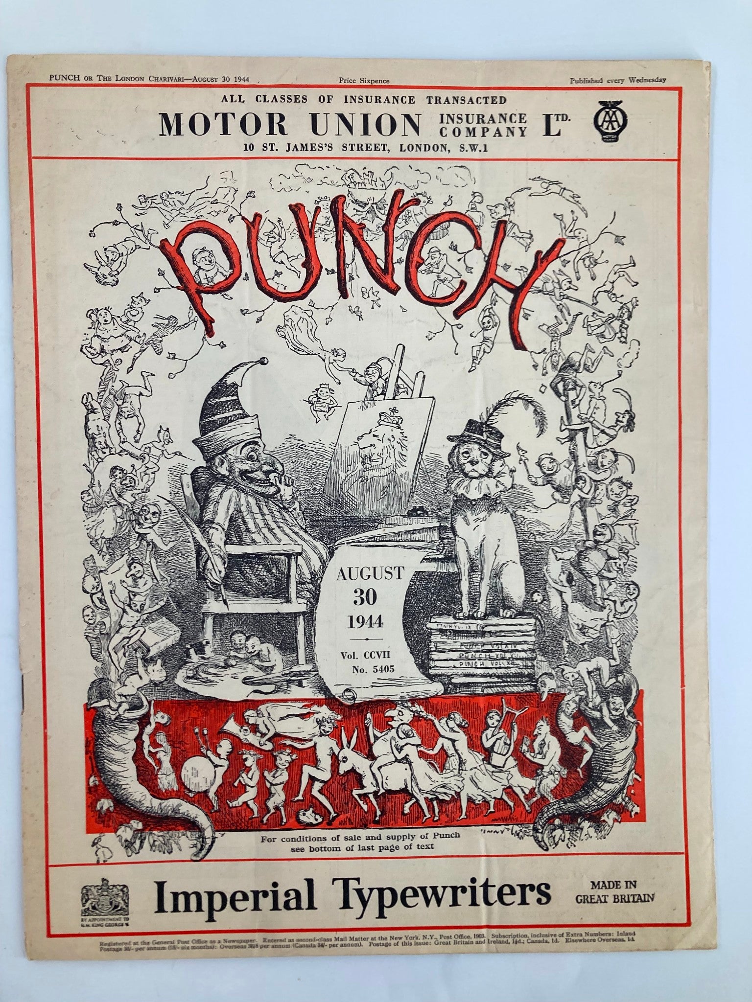 VTG Punch Magazine August 30 1944 #5405 Vol 207 WWII Cartoon & Humour