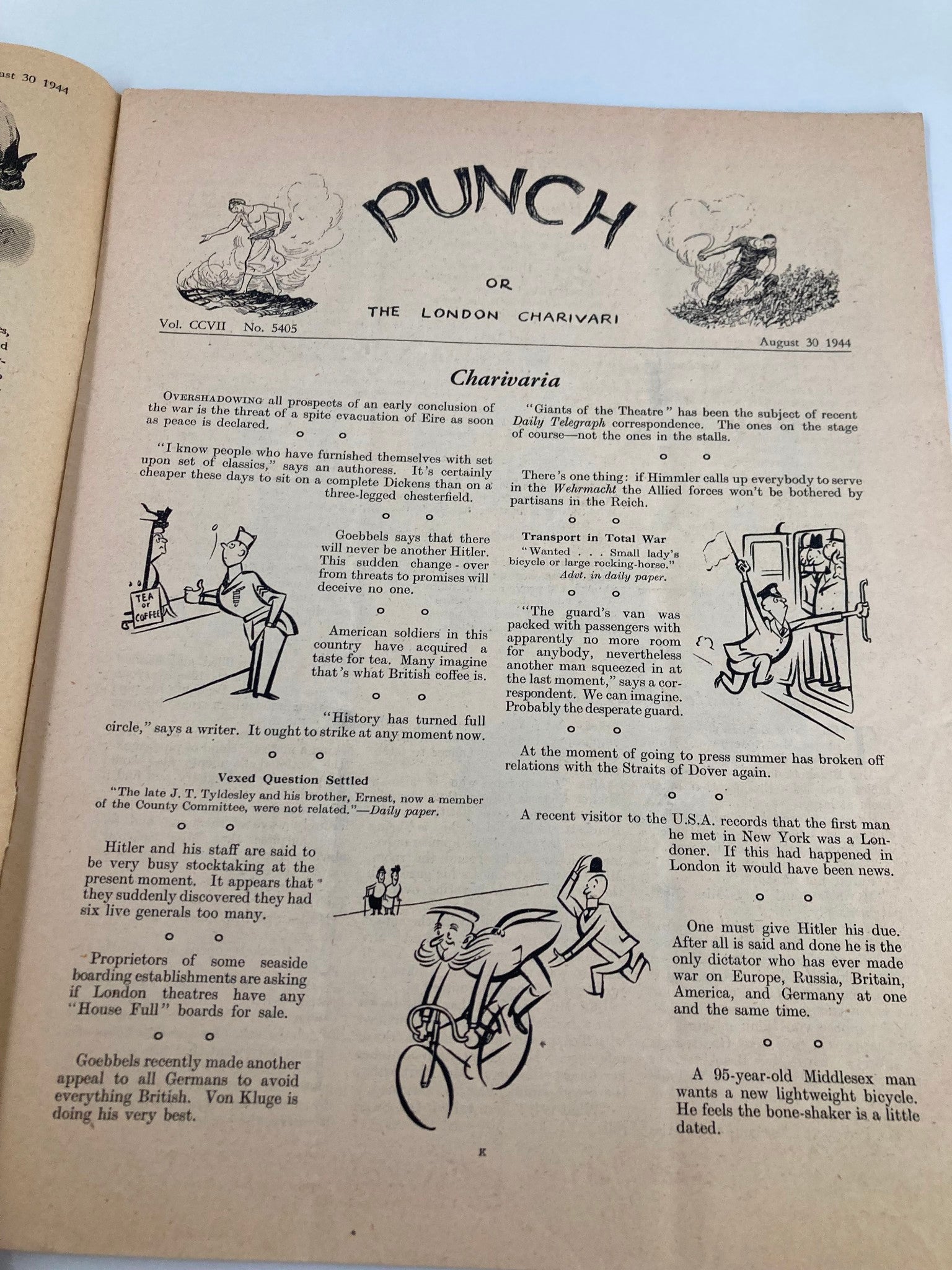 VTG Punch Magazine August 30 1944 #5405 Vol 207 WWII Cartoon & Humour