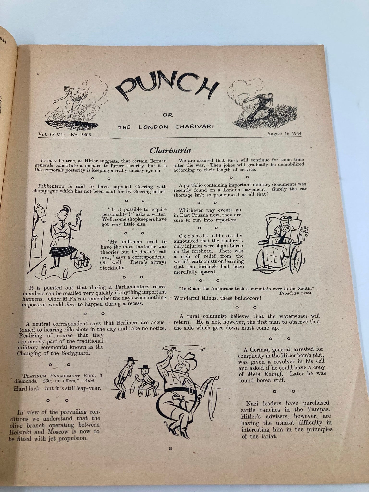 VTG Punch Magazine August 16 1944 #5403 Vol 207 WWII Cartoon & Humour