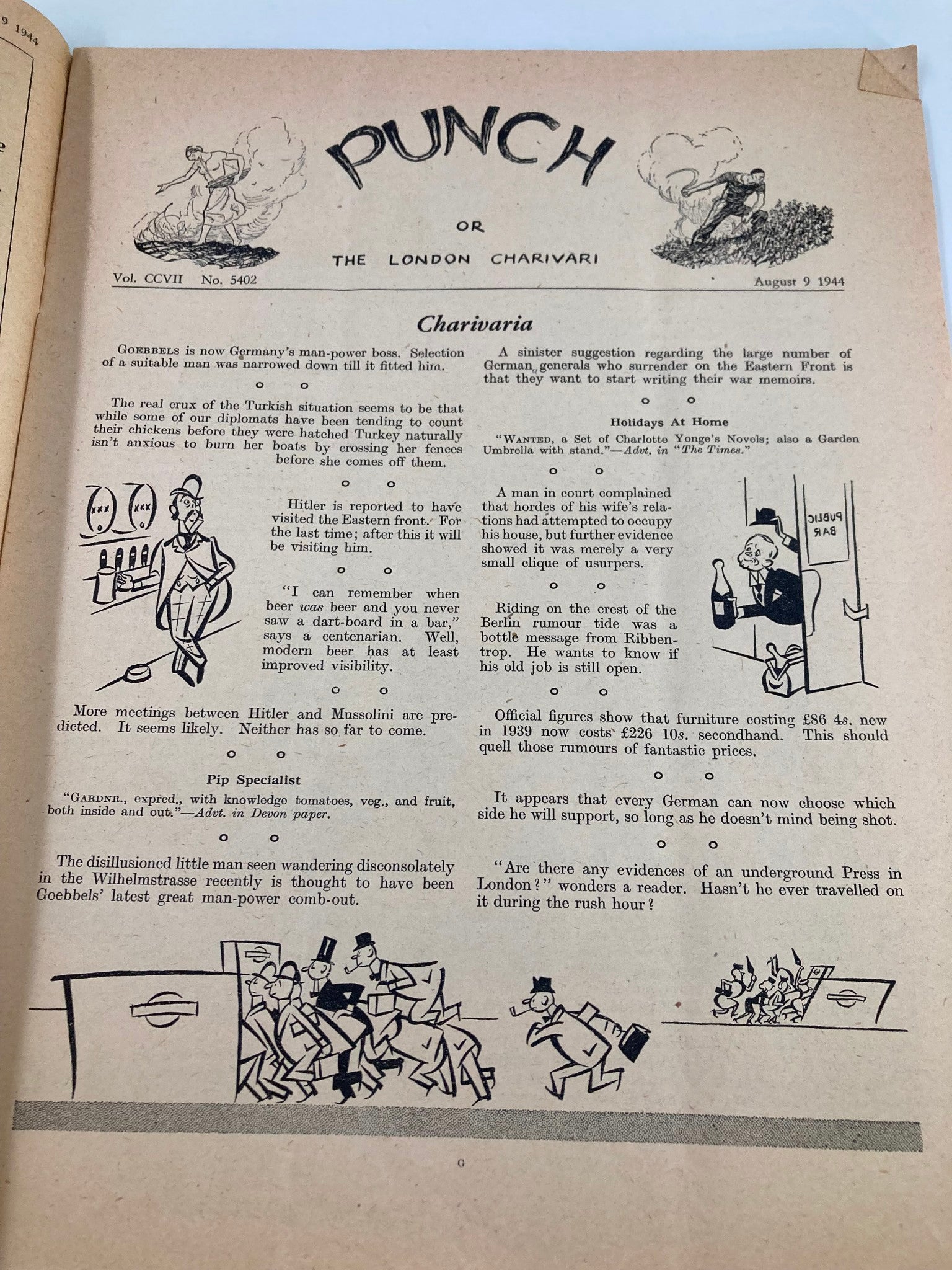 VTG Punch Magazine August 9 1944 #5402 Vol 207 WWII Cartoon & Humour