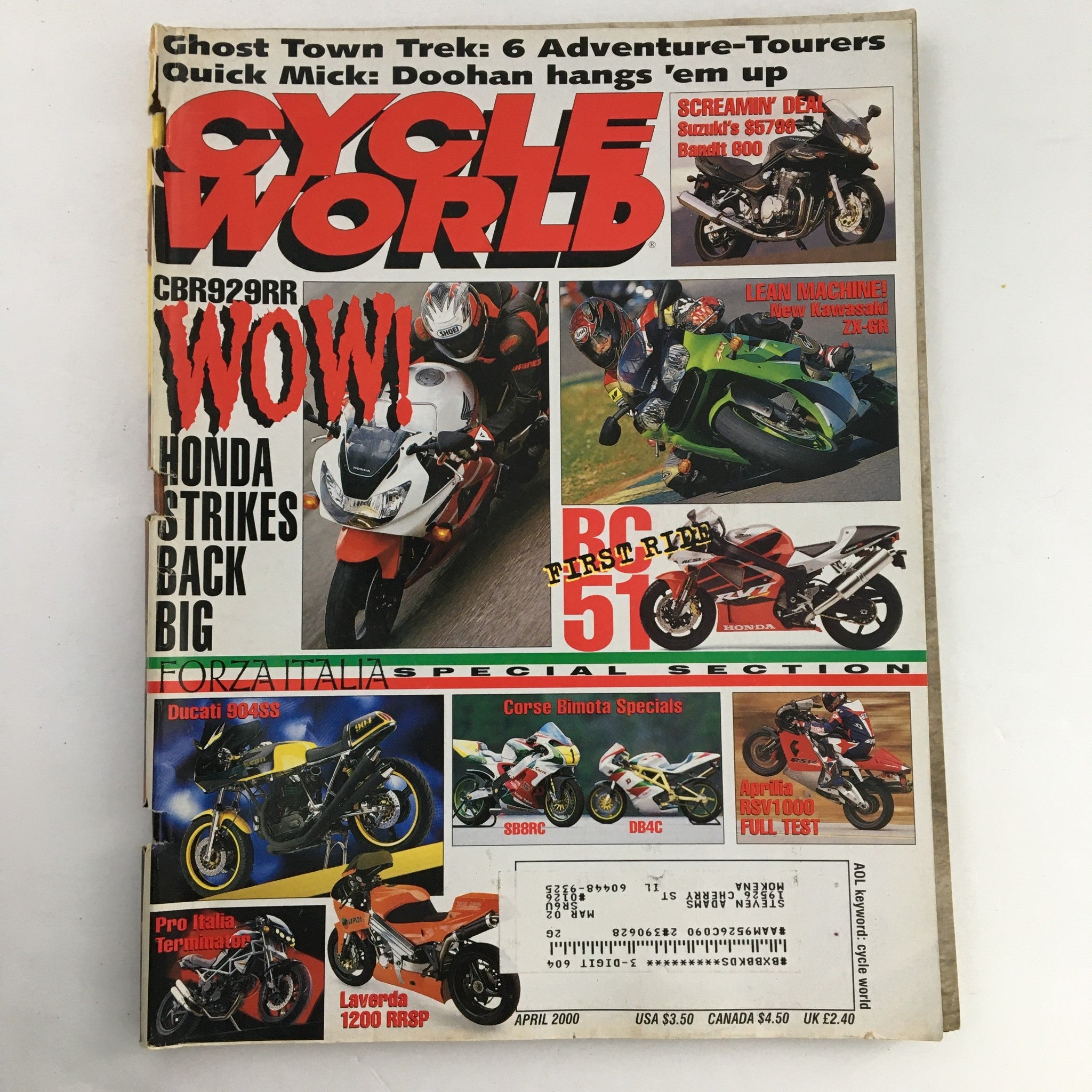 Cycle World Magazine April 2000 Laverda 1200 RRSP & Kawasaki ZX-6R & Honda BR-51