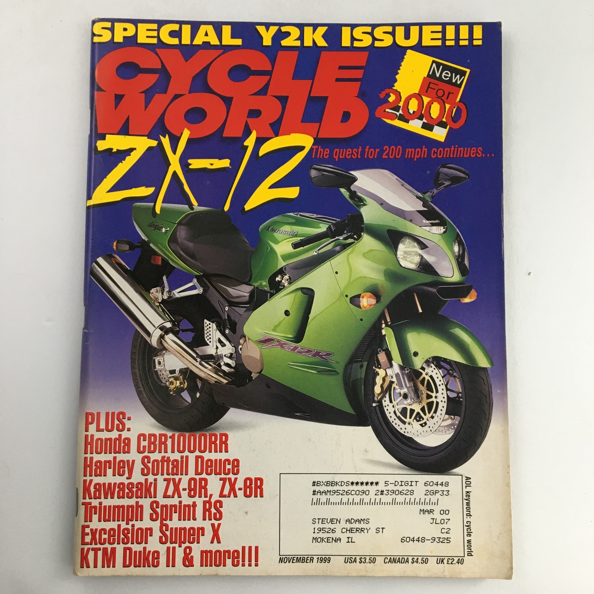 Cycle World Magazine November 1999 ZX12 & Honda CBR1000RR & Harley Softail Deuce