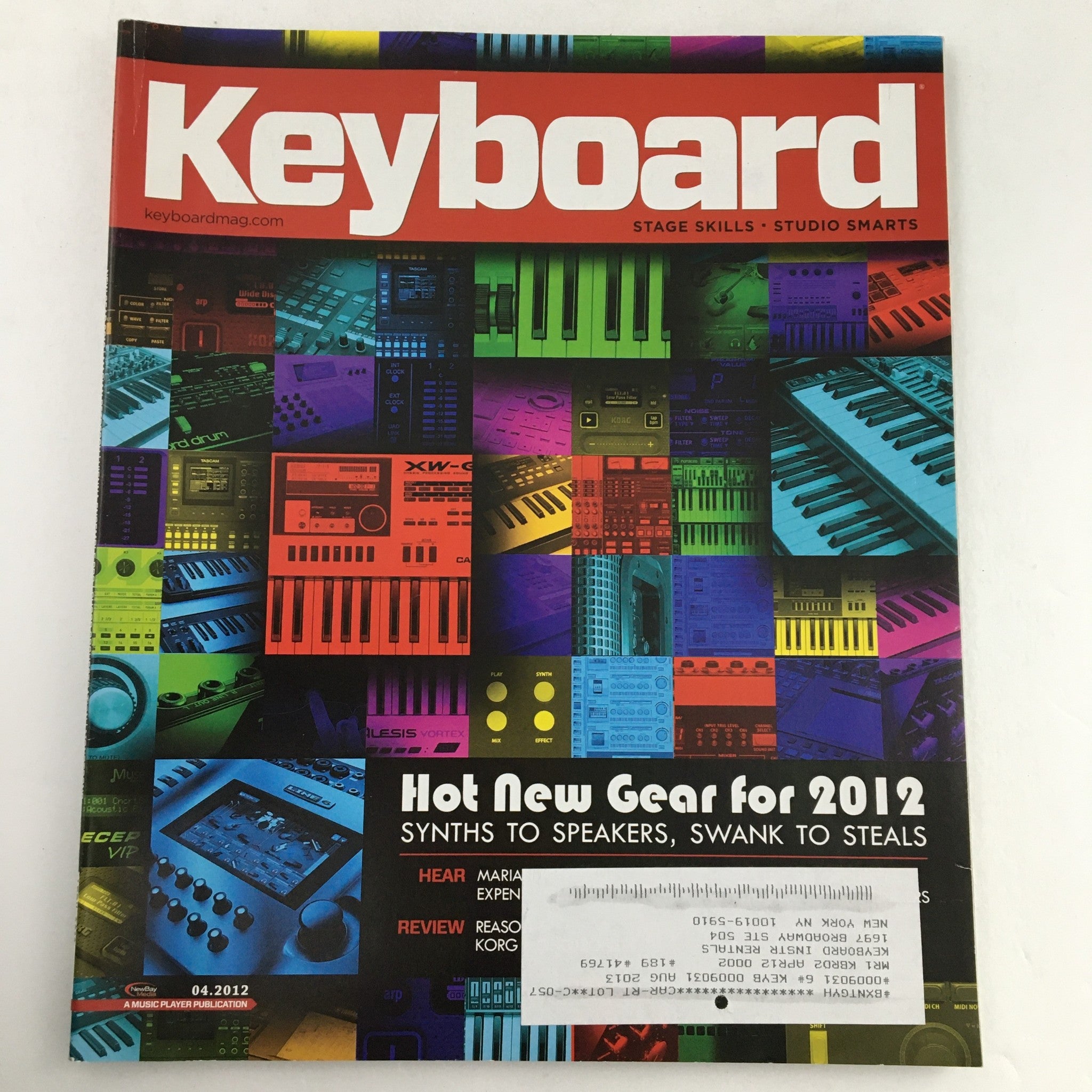 Cover of Keyboard Magazine April 2012 featuring innovative synthesizers and music equipment under the title 'Synths To Speakers & Swank To Steals', highlighting hot new gear for 2012.
