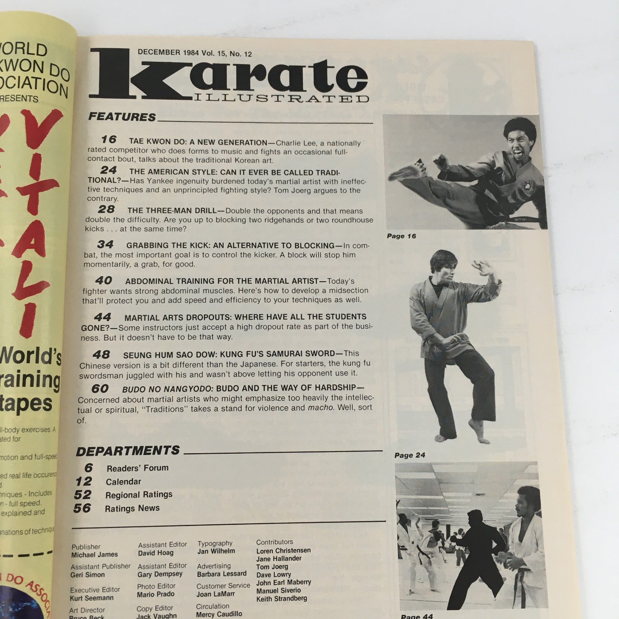 Table of contents for Karate Illustrated Magazine December 1984 Vol 15 #12 featuring articles on Taekwondo, training tips, and martial arts techniques alongside a cover image of World Champion Charlie Lee.