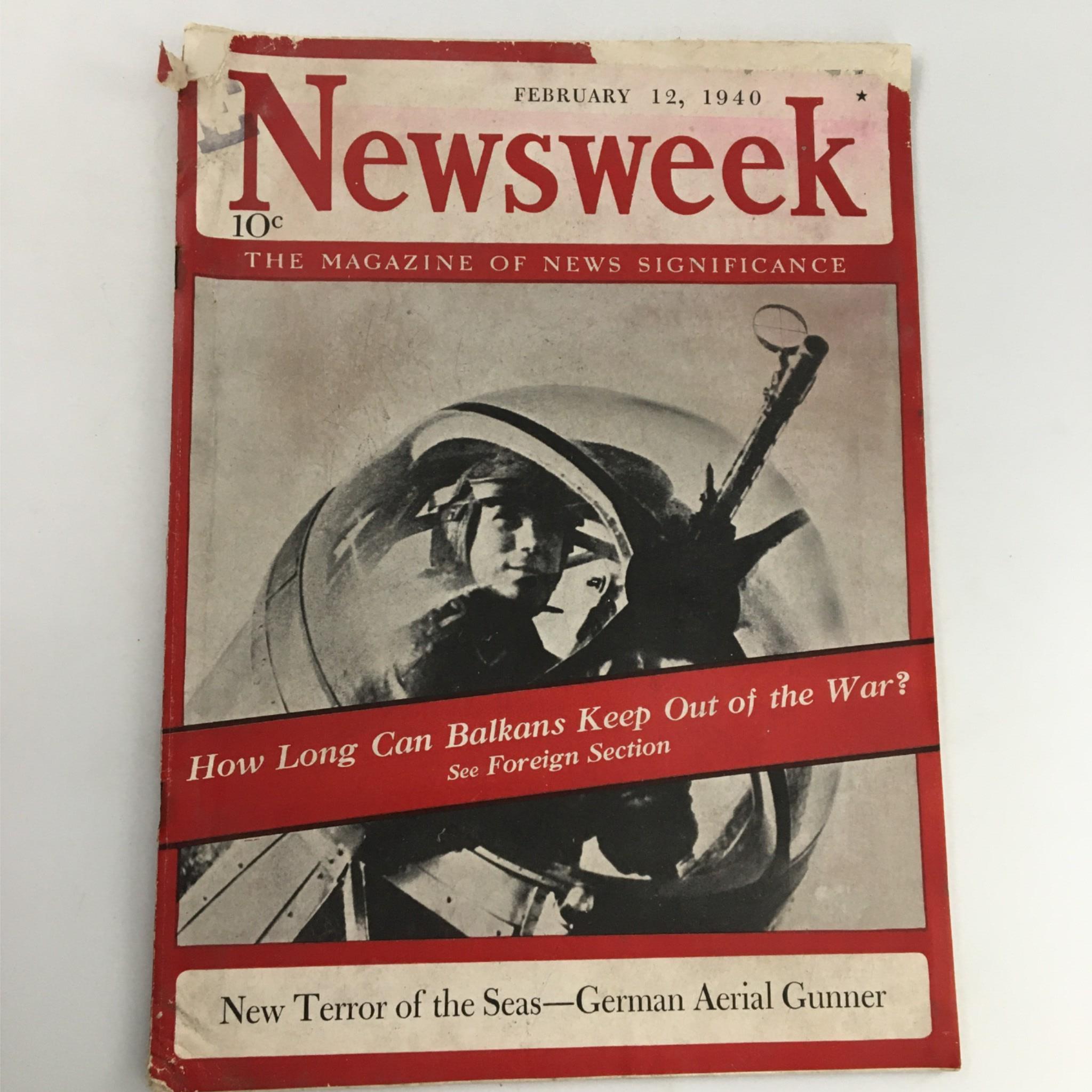 Newsweek Magazine February 12, 1940 New Terror Of The Seas German Aerial Gunner