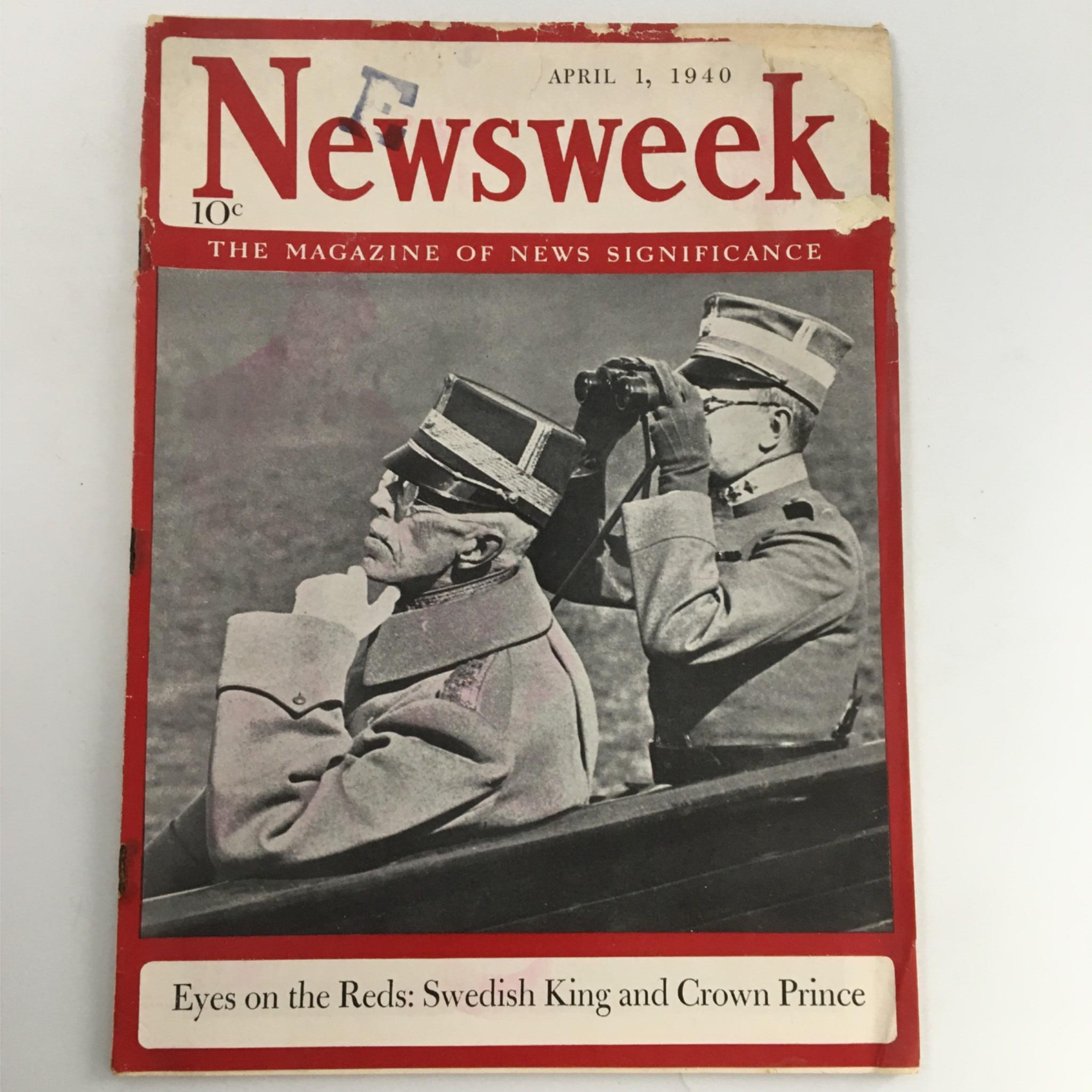 Newsweek Magazine April 1, 1940 Eyes on the Reds: Swedish King and Crown Prince