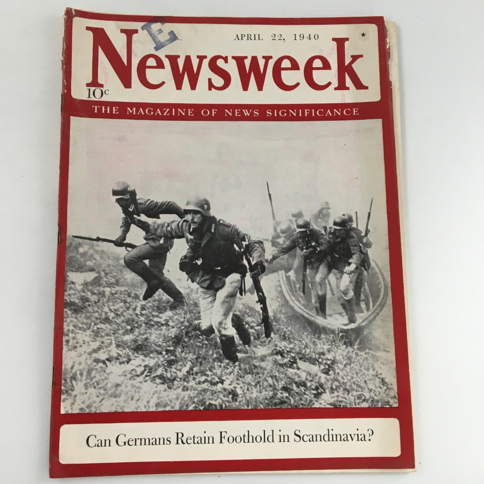 Newsweek Magazine April 22, 1940 Can Germans Retain Foothold in Scandinavia?