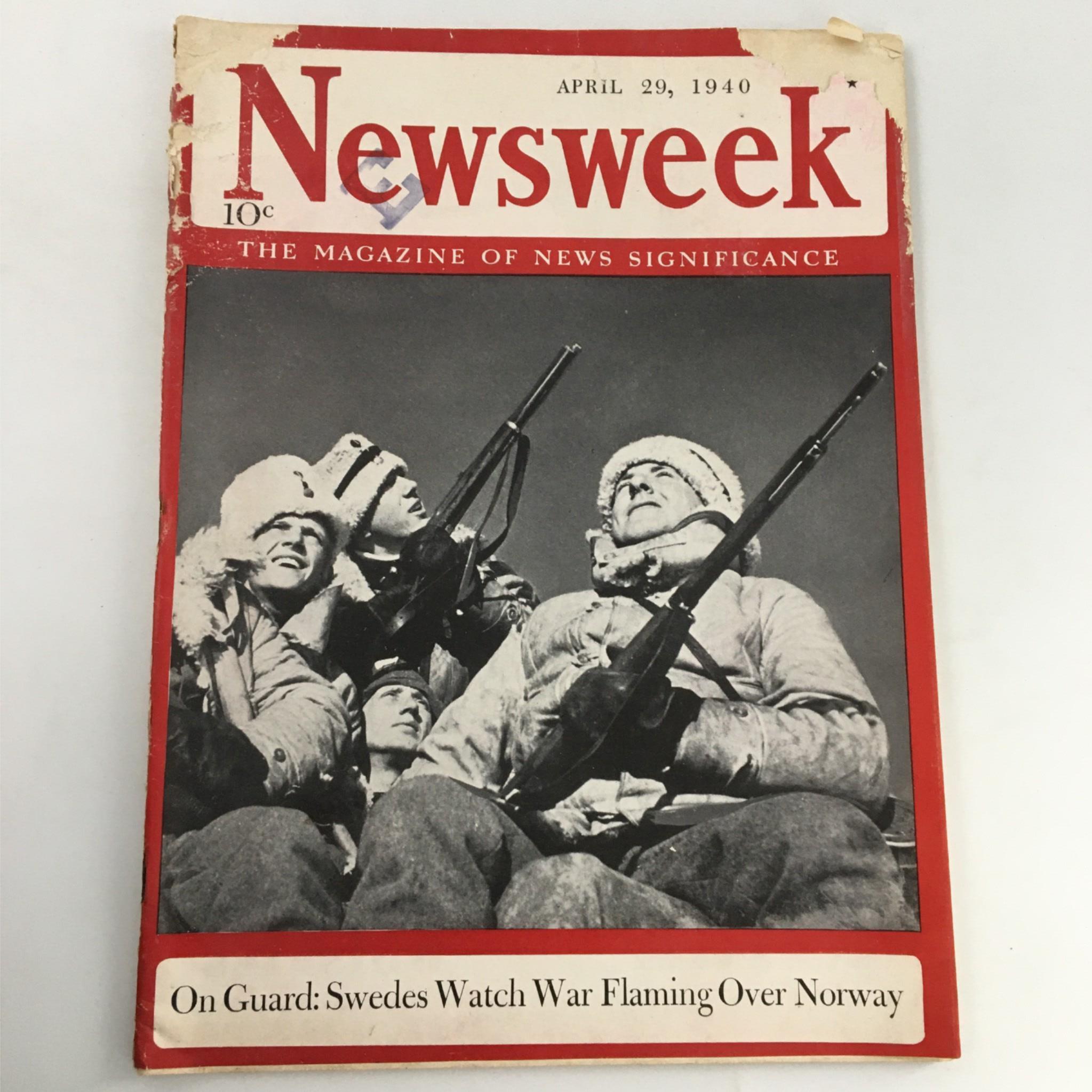 Newsweek Magazine April 29, 1940 On Guard: Swedes Watch War Flaming Over Norway