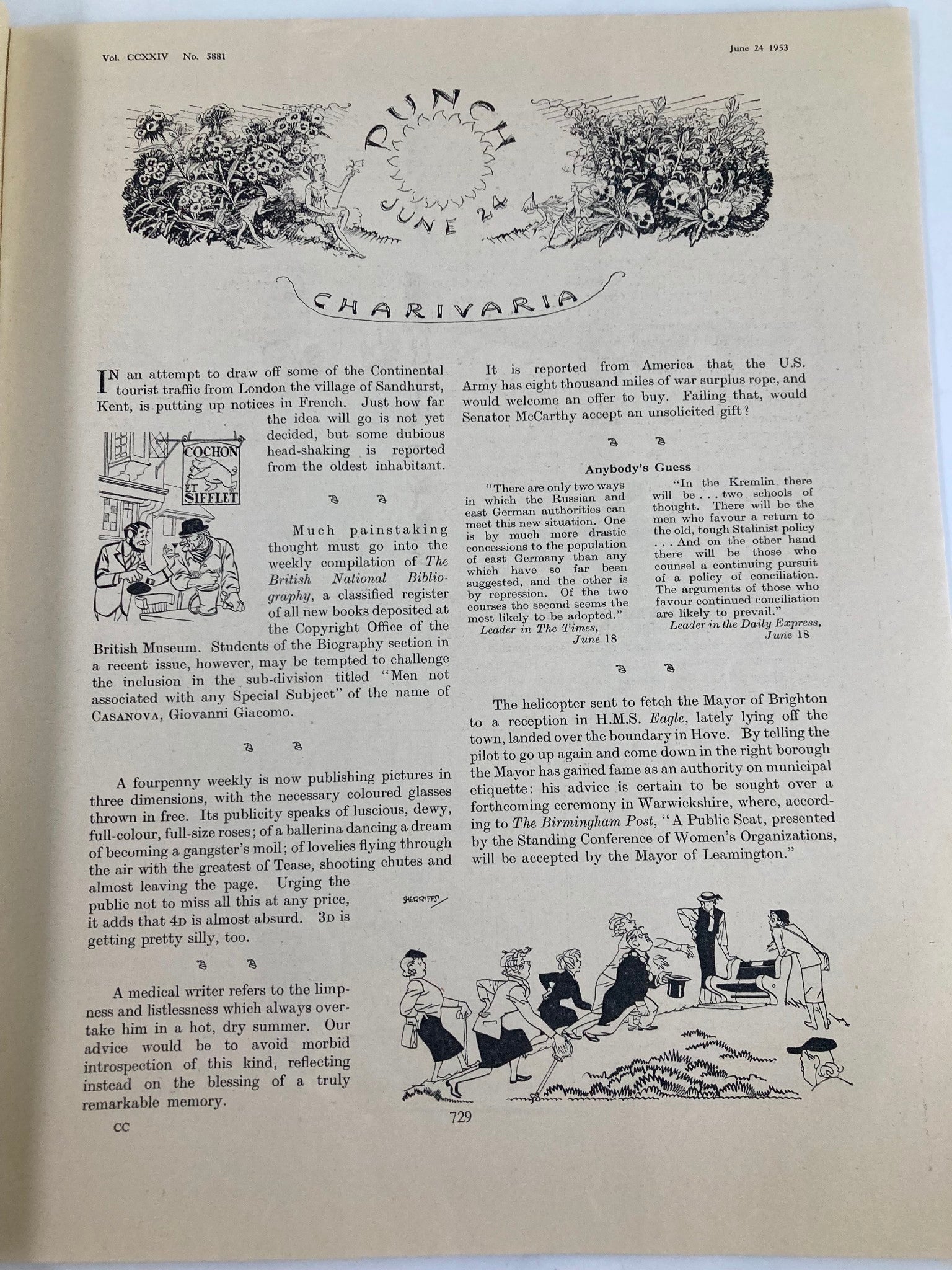 VTG Punch Magazine June 24 1953 Vol 224 #5881 WWII Cartoon & Humour