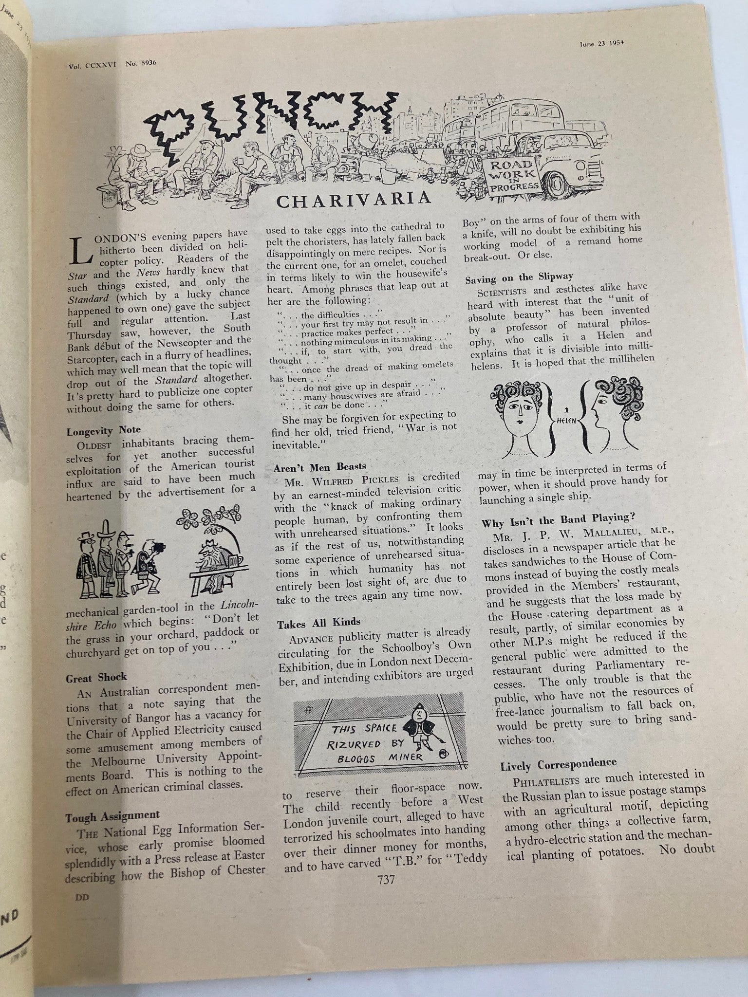 VTG Punch Magazine June 23 1954 Vol 226 #5936 WWII Cartoon & Humour