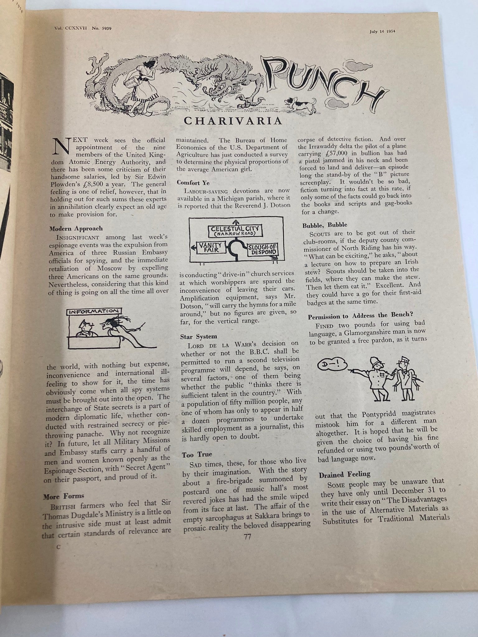 VTG Punch Magazine July 14 1954 Vol 227 #5939 WWII Cartoon & Humour