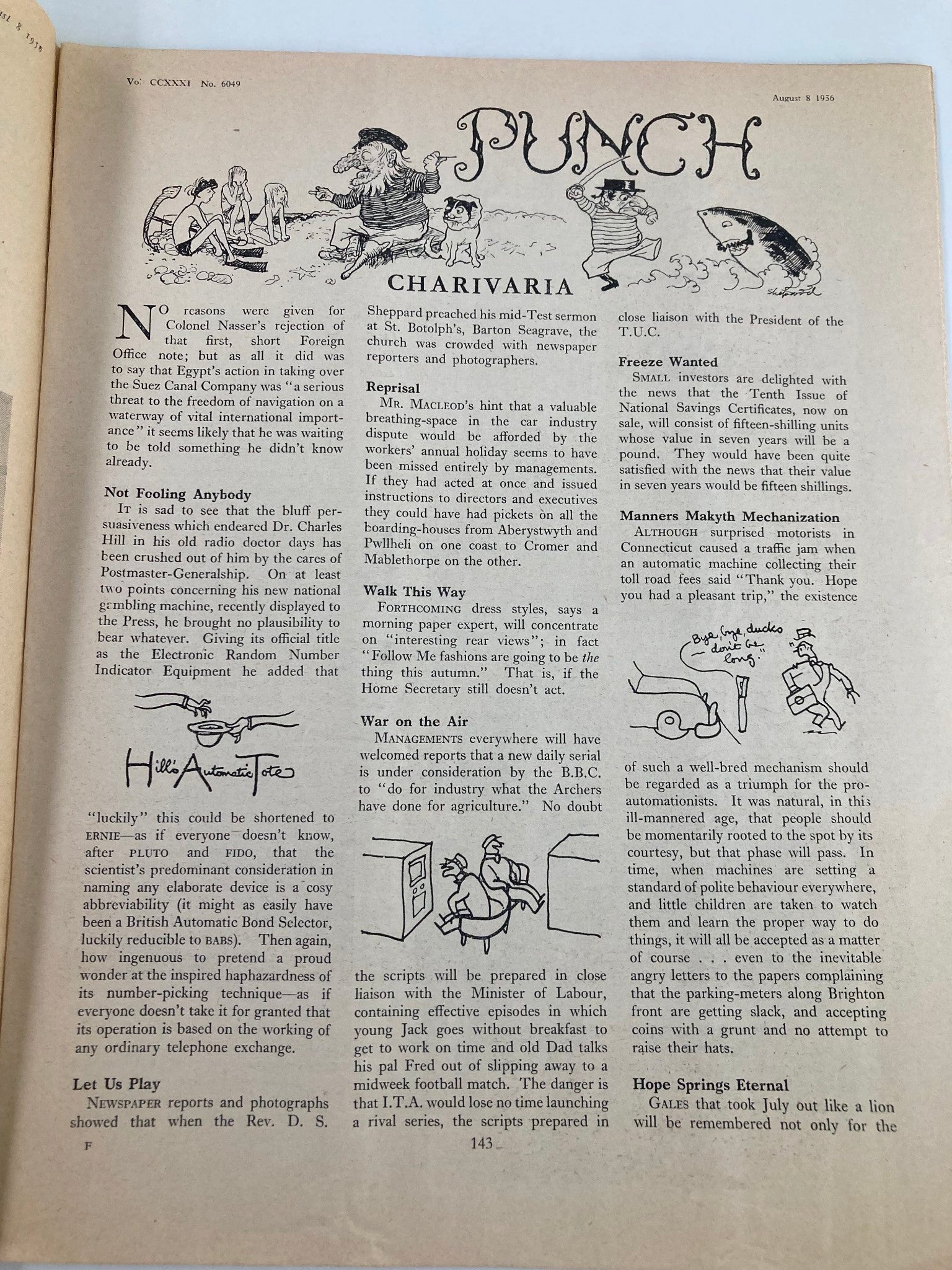 VTG Punch Magazine August 8 1956 Vol 231 #6049 WWII Cartoon & Humour