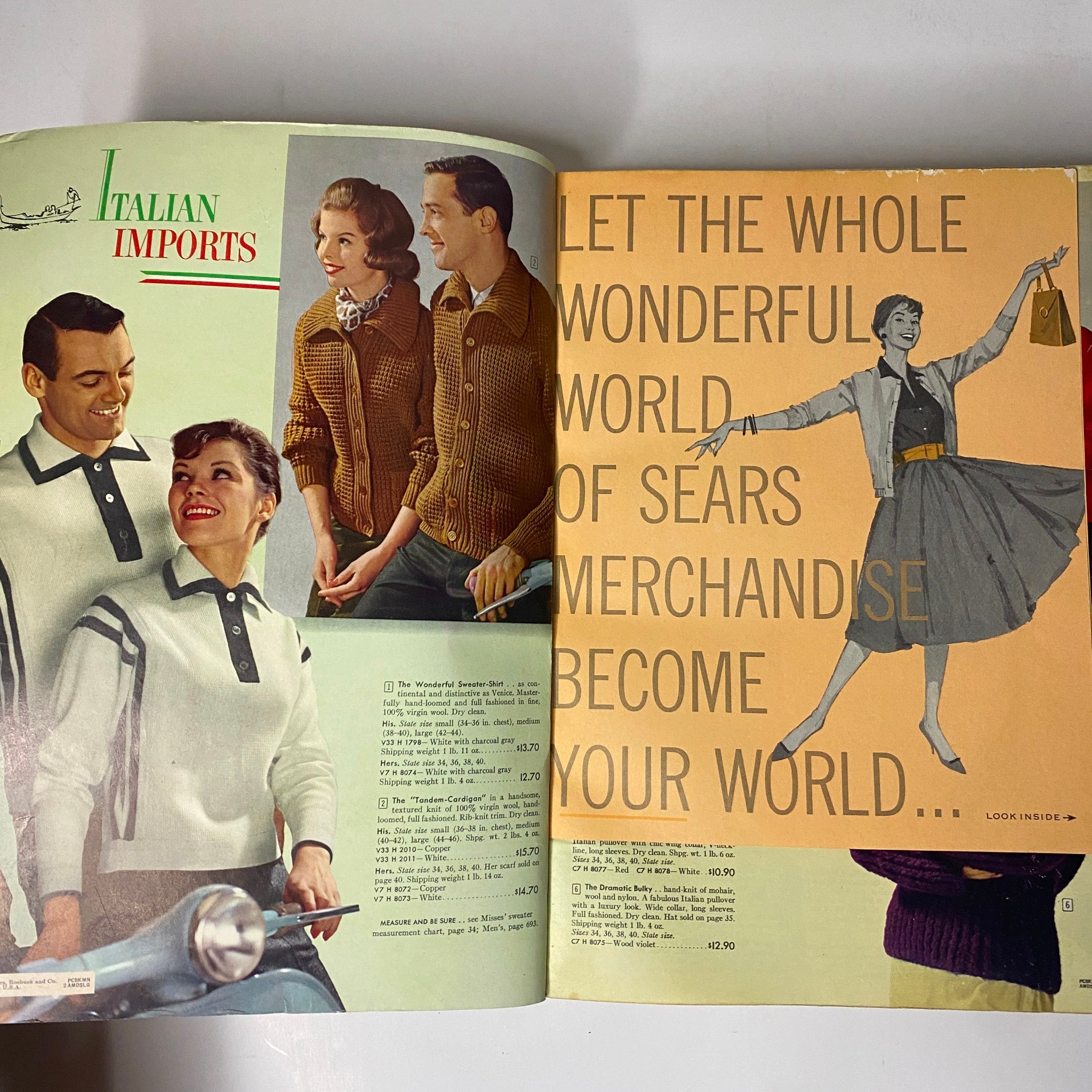 Interior pages of the 1960 Sears Fall and Winter Catalog showcasing vintage fashion, including sweaters and accessories, along with a promotional slogan.