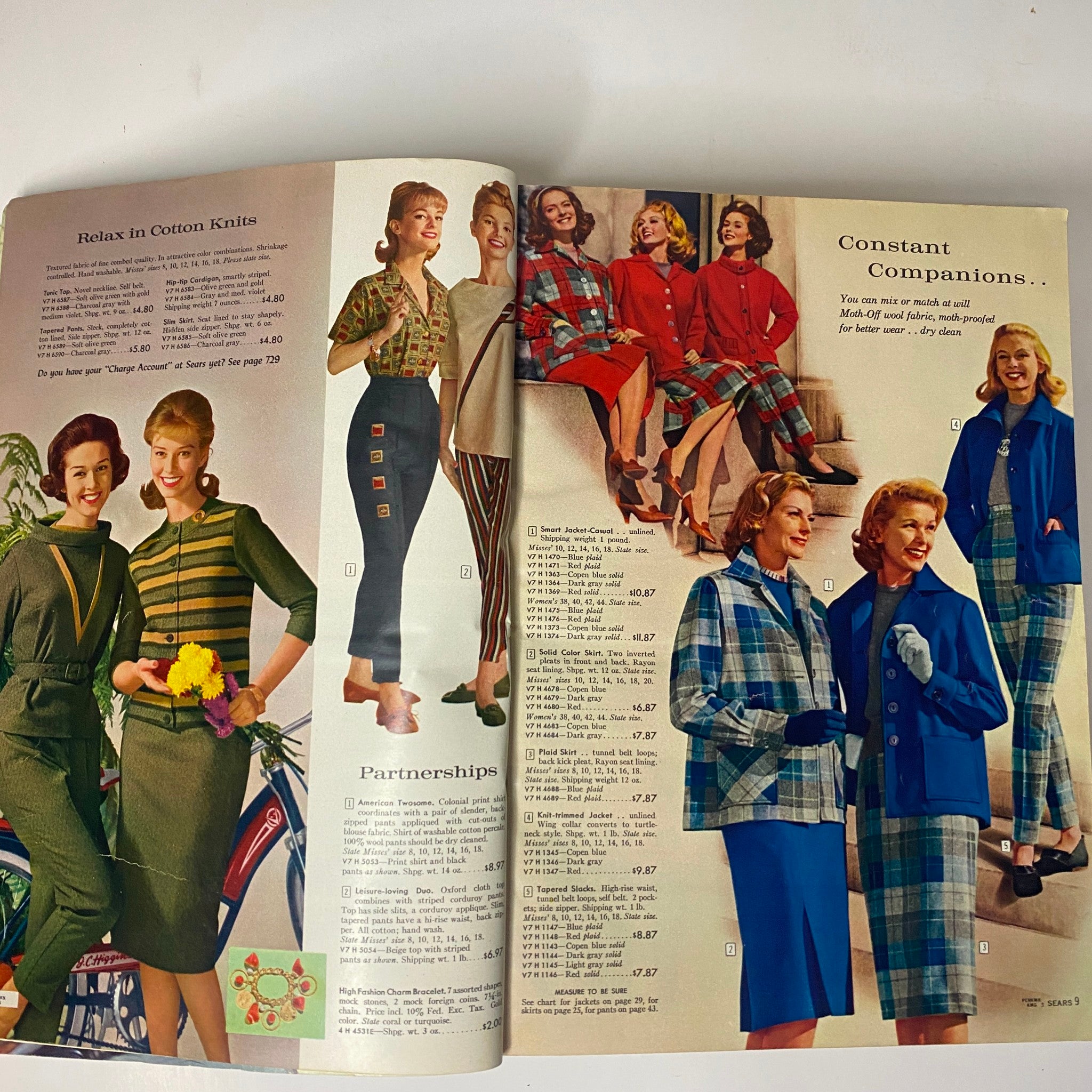 Fashion spread from the 1960 Sears Fall and Winter Catalog displaying women modeling outfits with colorful patterns and classic styles.