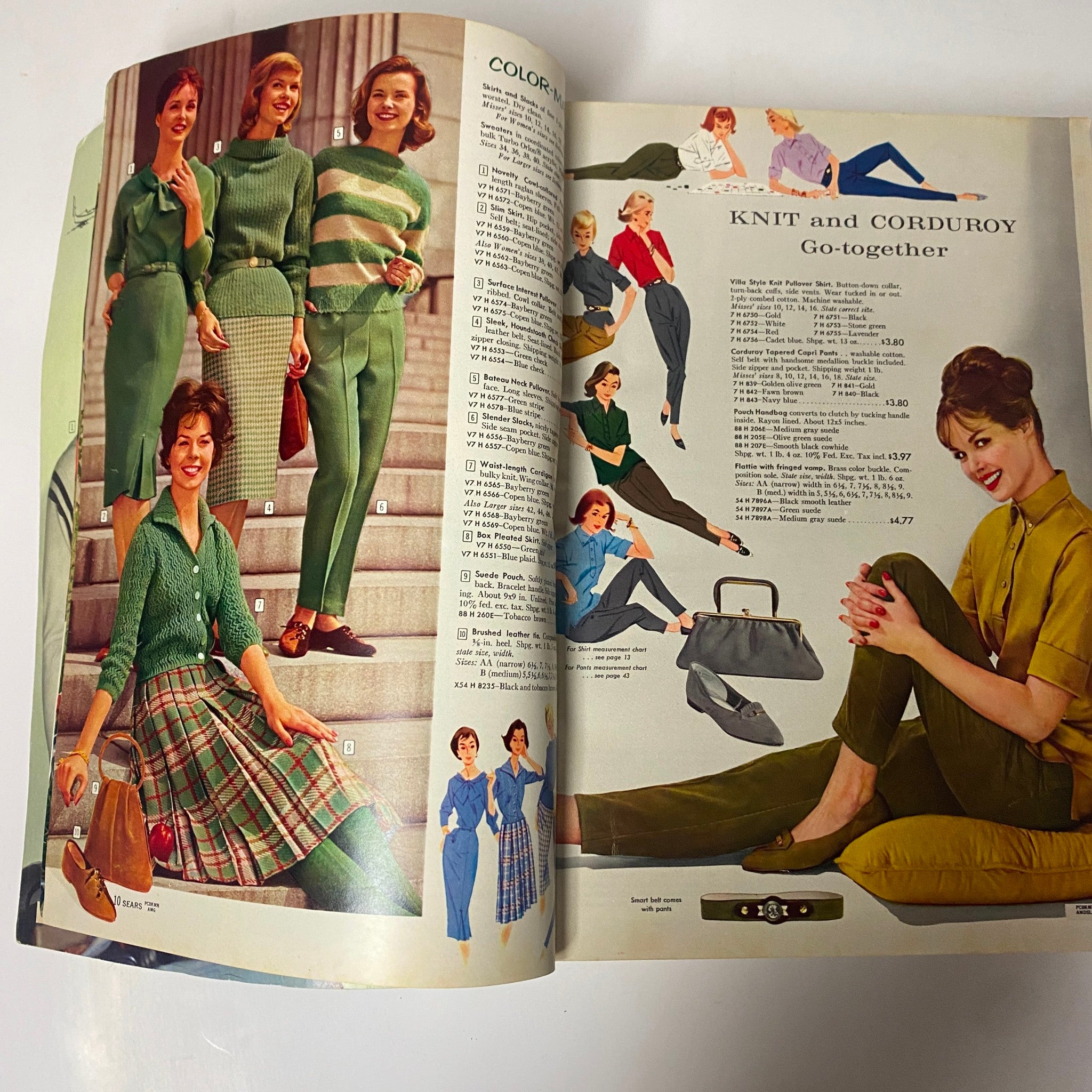 Fashion and accessory showcase in the 1960 Sears Fall and Winter Catalog, featuring green knitwear and assorted clothing combinations.