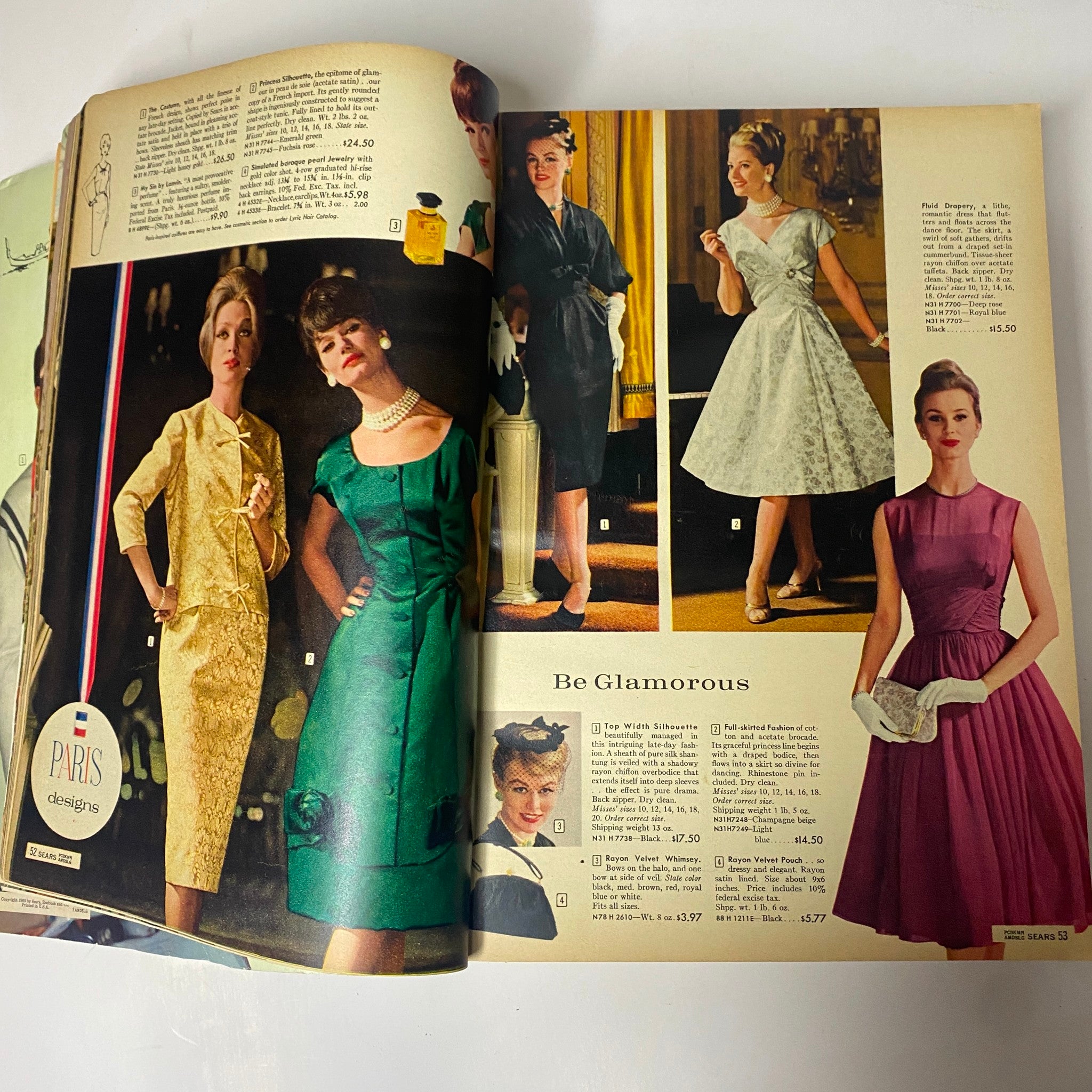 Glamorous fashion presentation from the 1960 Sears Fall and Winter Catalog featuring elegant dresses and accessories for special occasions.