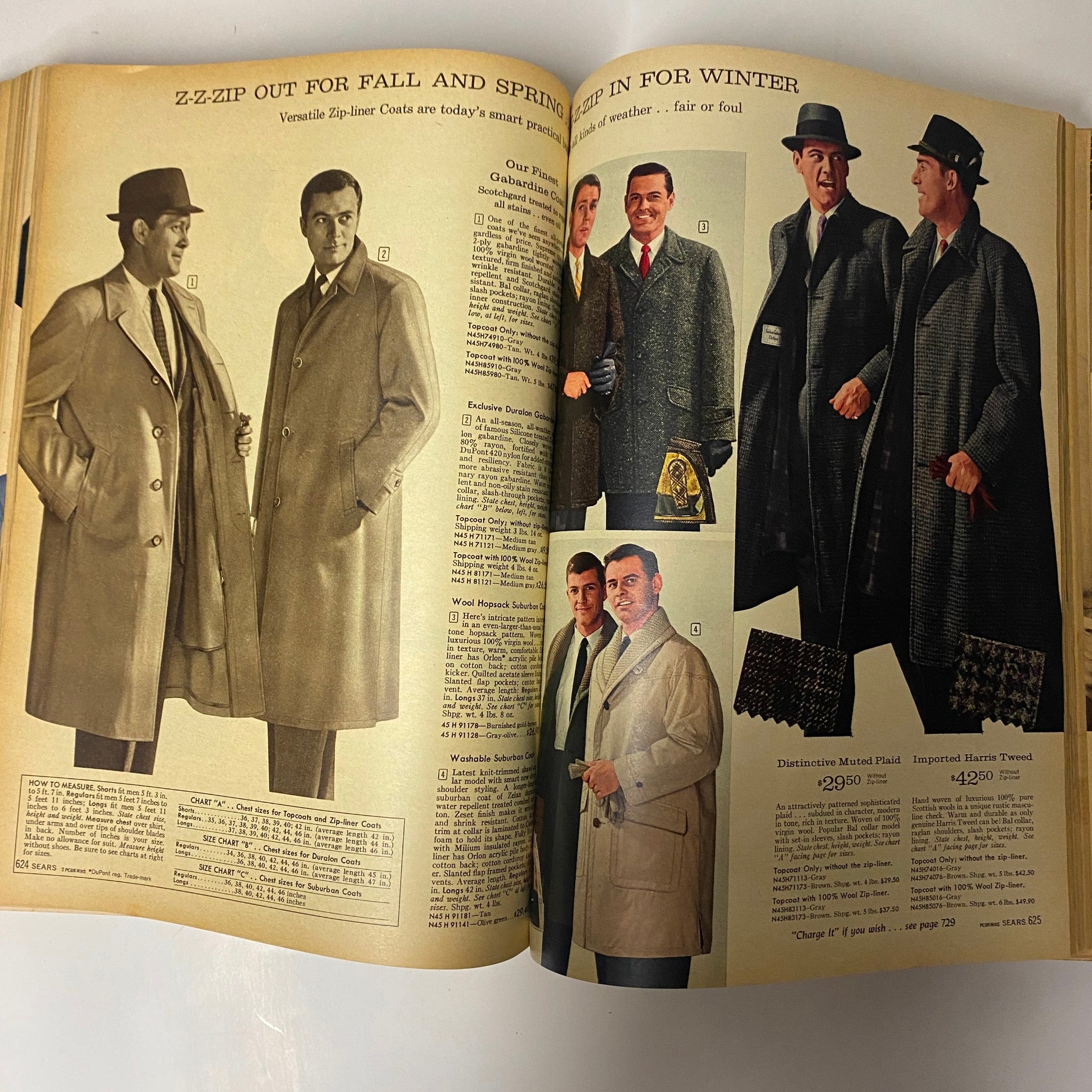 1960 Sears Fall and Winter Catalog highlighting men's winter coats and formal wear, featuring different styles and fabrics suitable for the season.