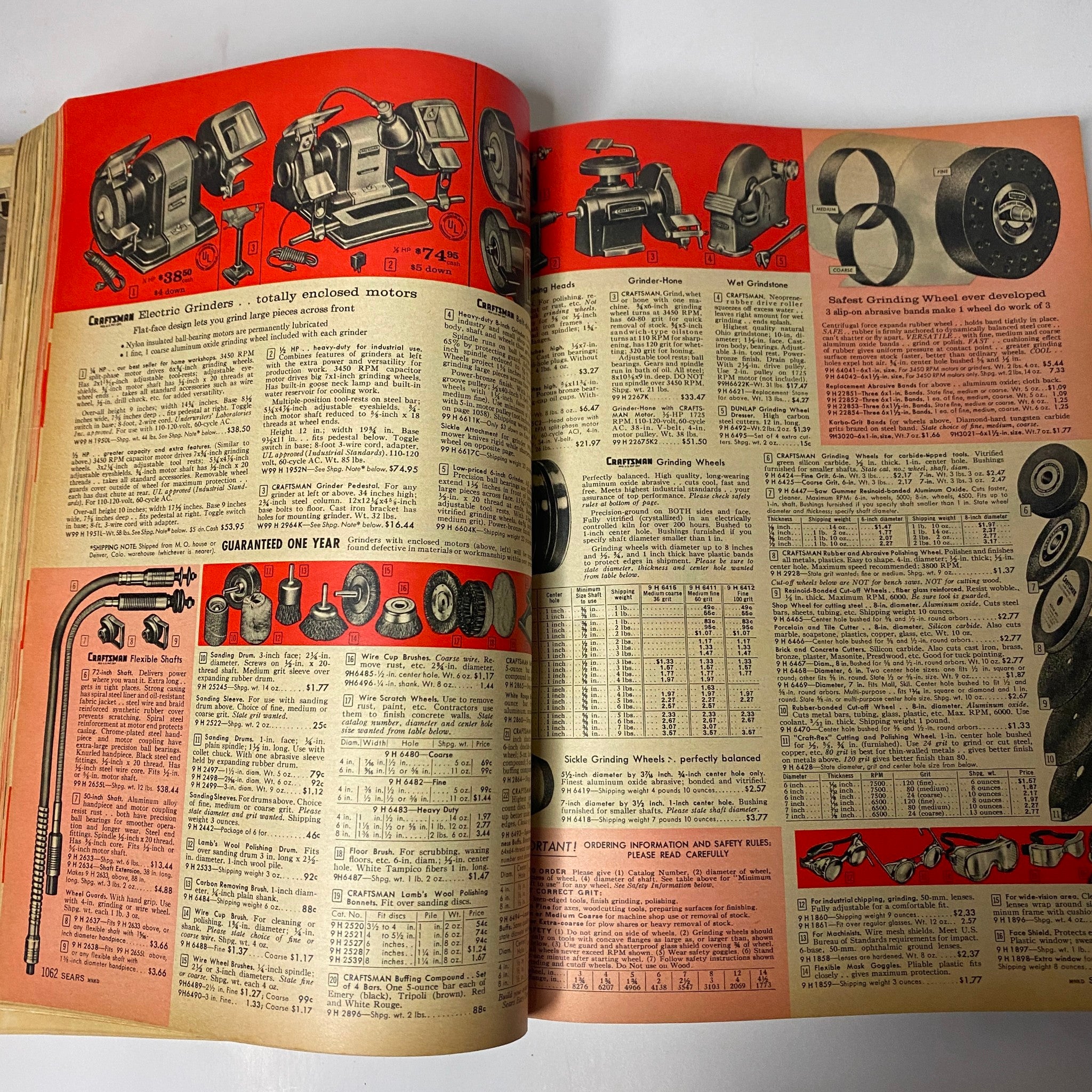 1960 Sears Fall and Winter Catalog showcasing power tools and machinery, including electric grinders and accessories, reflecting mid-century consumer goods for home improvement.