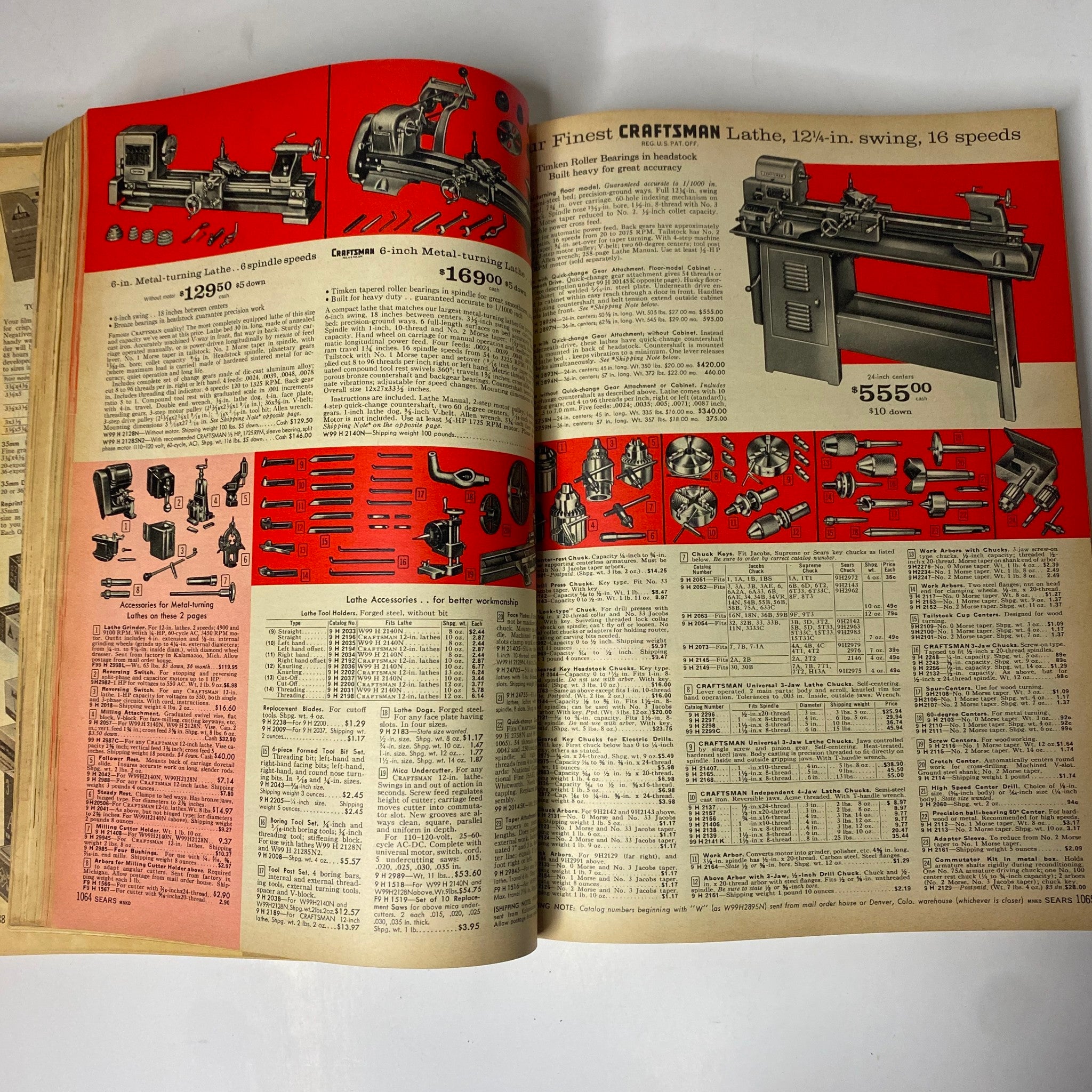 Page from the 1960 Sears Fall and Winter Catalog showcasing various tools and machinery, including a Craftsman lathe, price listings, and detailed illustrations.