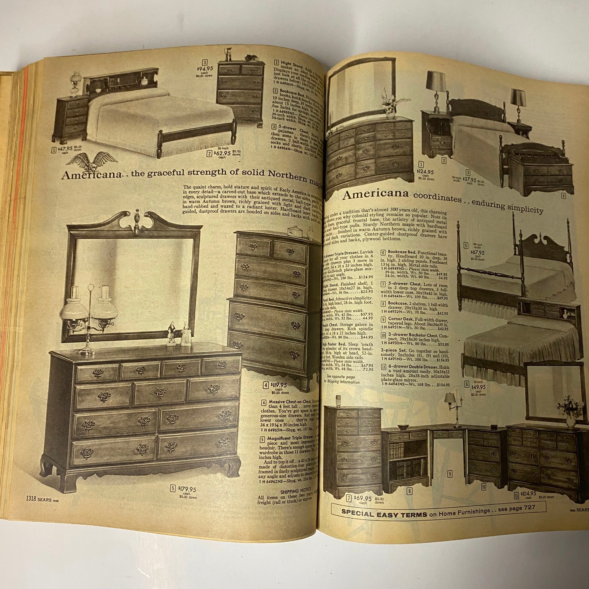Page from the 1960 Sears Fall and Winter Catalog featuring bedroom furniture, including beds, dressers, and mirrors, all in elegant Americana style with price details.