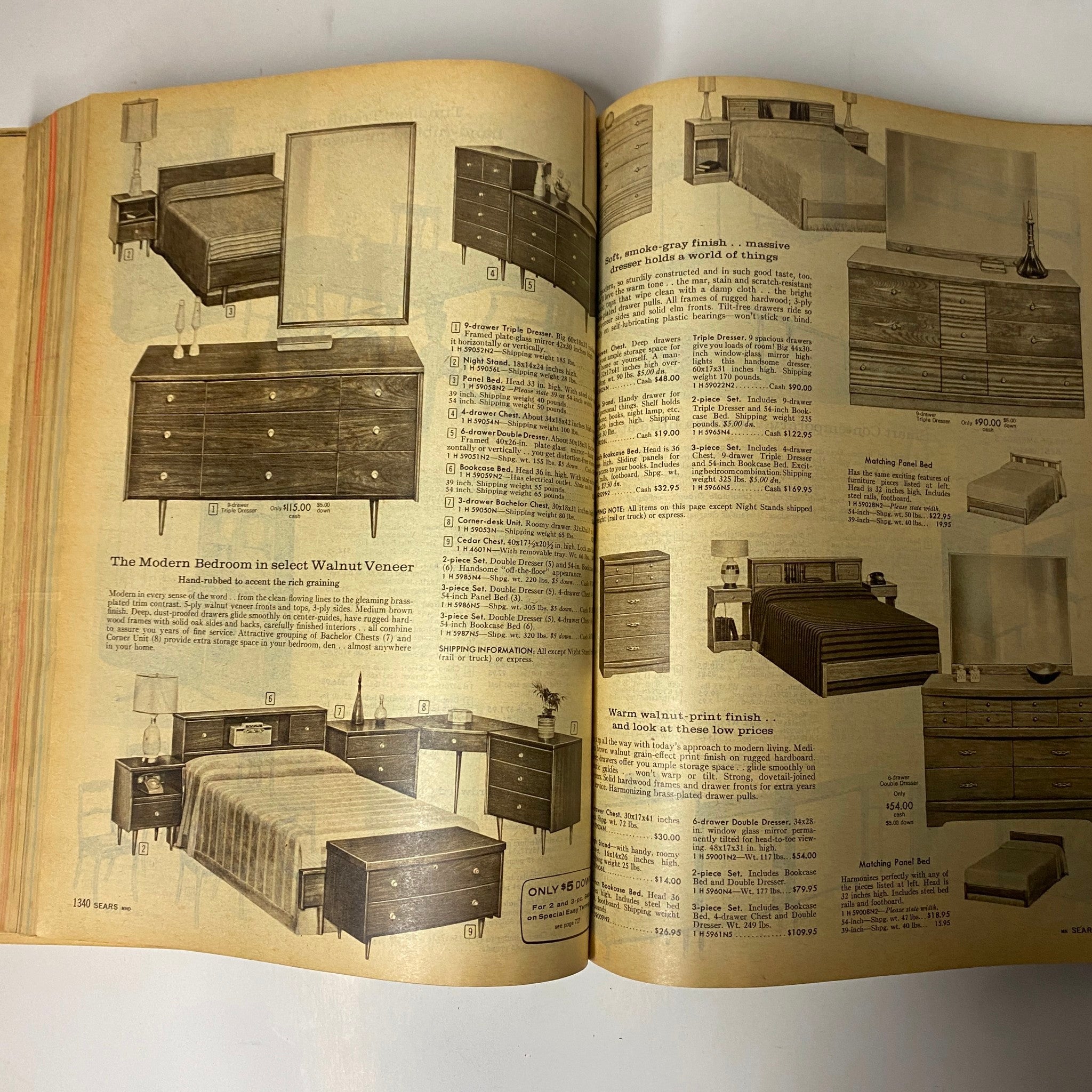 Page from the 1960 Sears Fall and Winter Catalog displaying modern bedroom furniture designs in walnut veneer, highlighting aesthetics and price information.