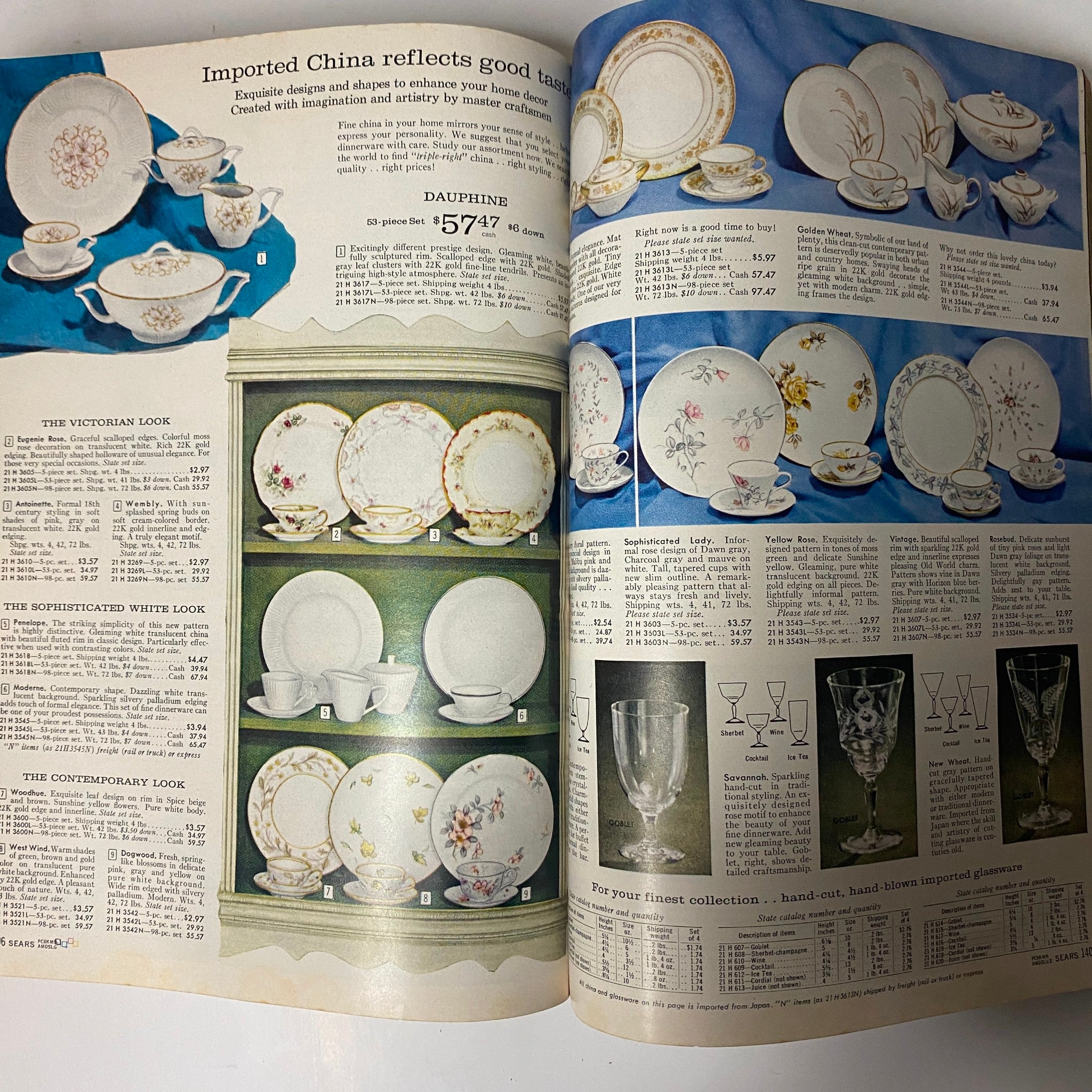 Page from the 1960 Sears Fall and Winter Catalog presenting a variety of imported china dishware and glassware with a focus on design styles and pricing.
