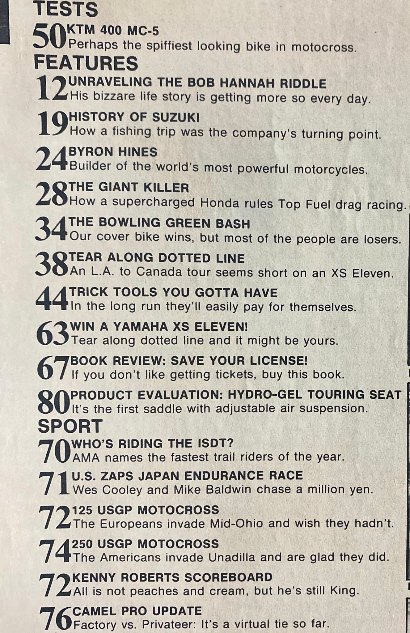 Contents page from Motorcyclist Magazine October 1978 showcasing featured articles including the KTM 400 MC-5 test and Bob Hannah's story.