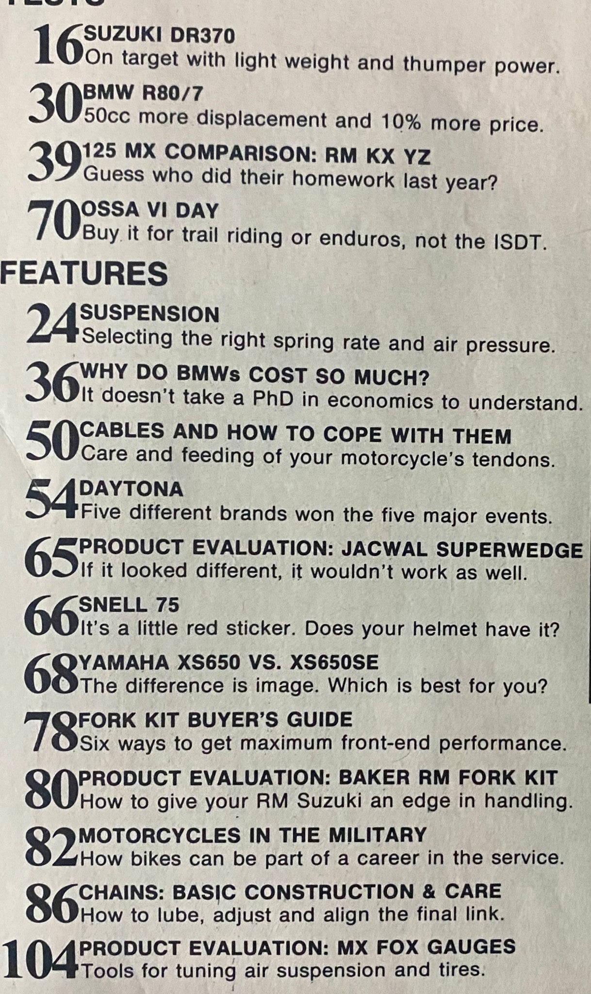 Contents page of Motorcyclist Magazine June 1978, detailing features on the Suzuki DR370, BMW R80/7 comparisons, and motorcycle maintenance tips.