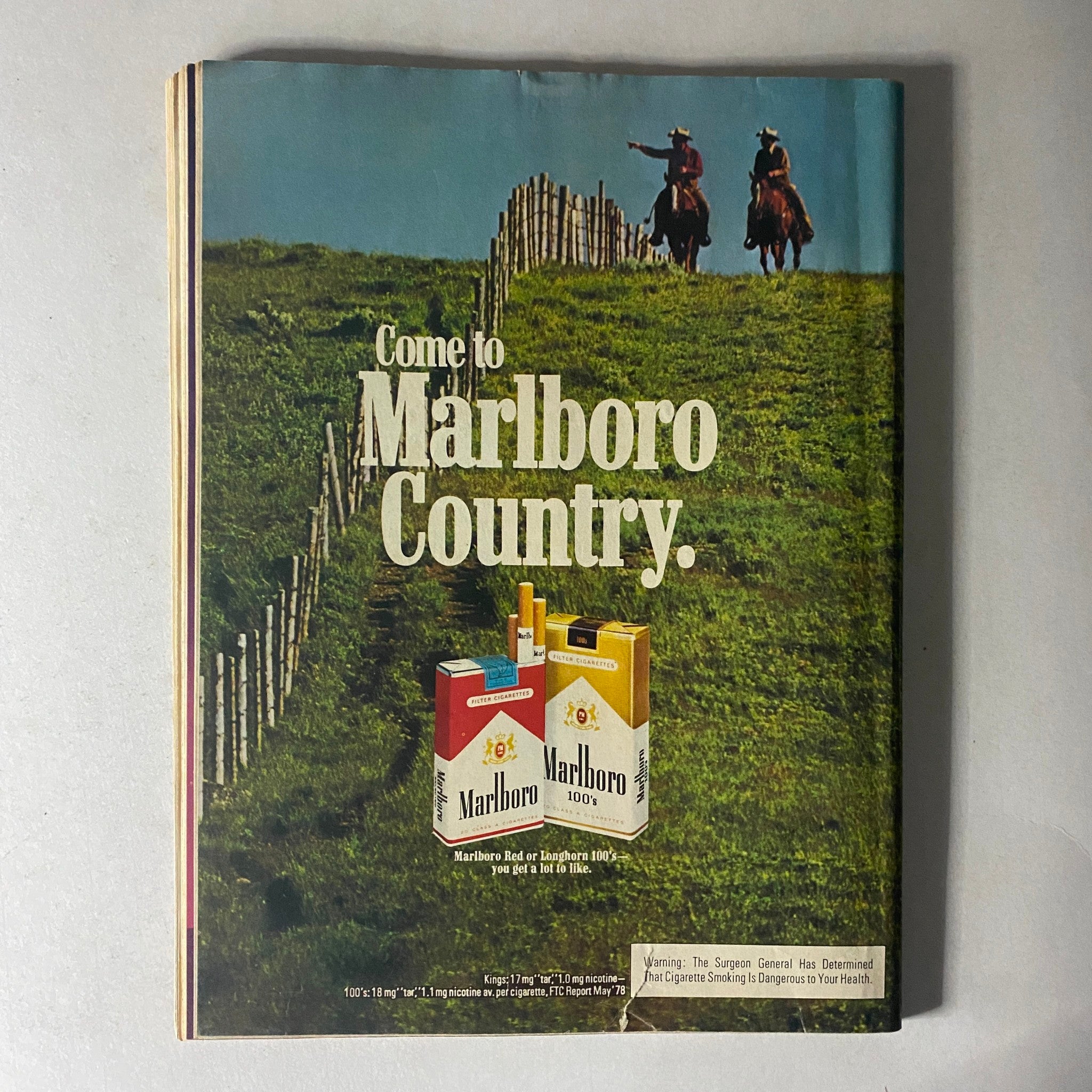 Motorcyclist Magazine April 1979 cover featuring a Marlboro advertisement with the text 'Come to Marlboro Country' and images of Marlboro cigarette packs.