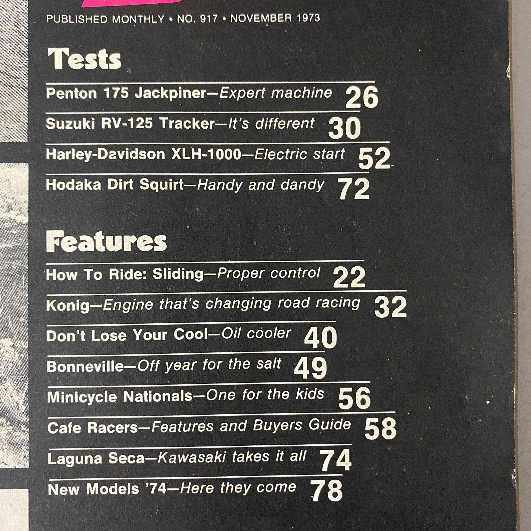 Table of contents from Motorcyclist Magazine, November 1973, listing featured articles including tests for the Penton 175 Jackpiner and other motorcycles.