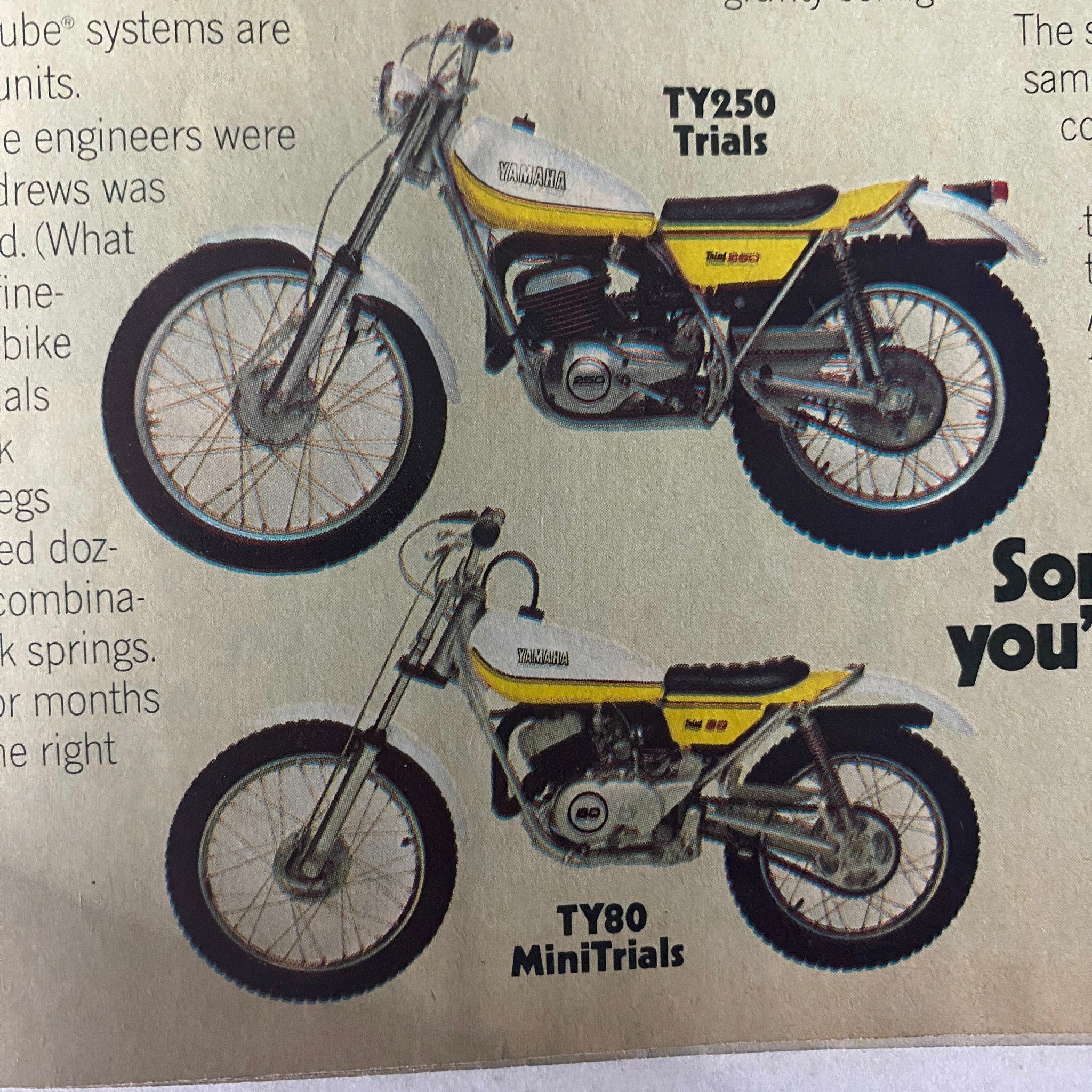 Image displaying two Yamaha motorcycles, TY250 Trials and TY80 MiniTrials, featured in Motorcyclist Magazine, November 1973.