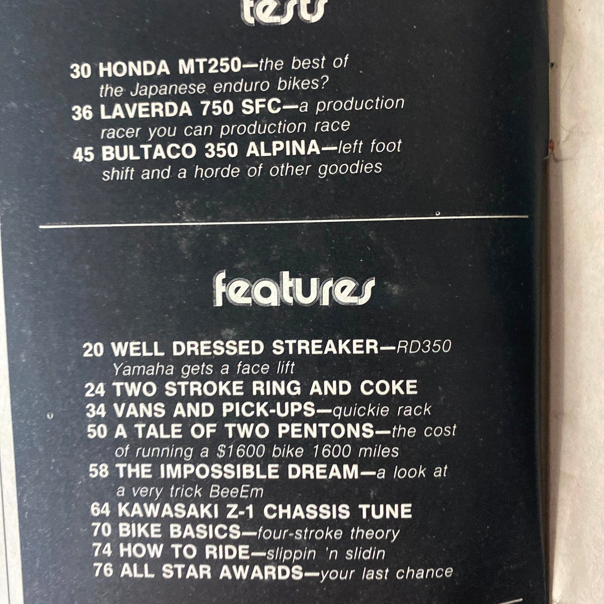 Interior page of Motorcyclist Magazine February 1975 displaying article titles and features related to the Honda MT250, Laverda 750 SFC, and Bultaco 350 Alpina, along with other motorcycle topics.
