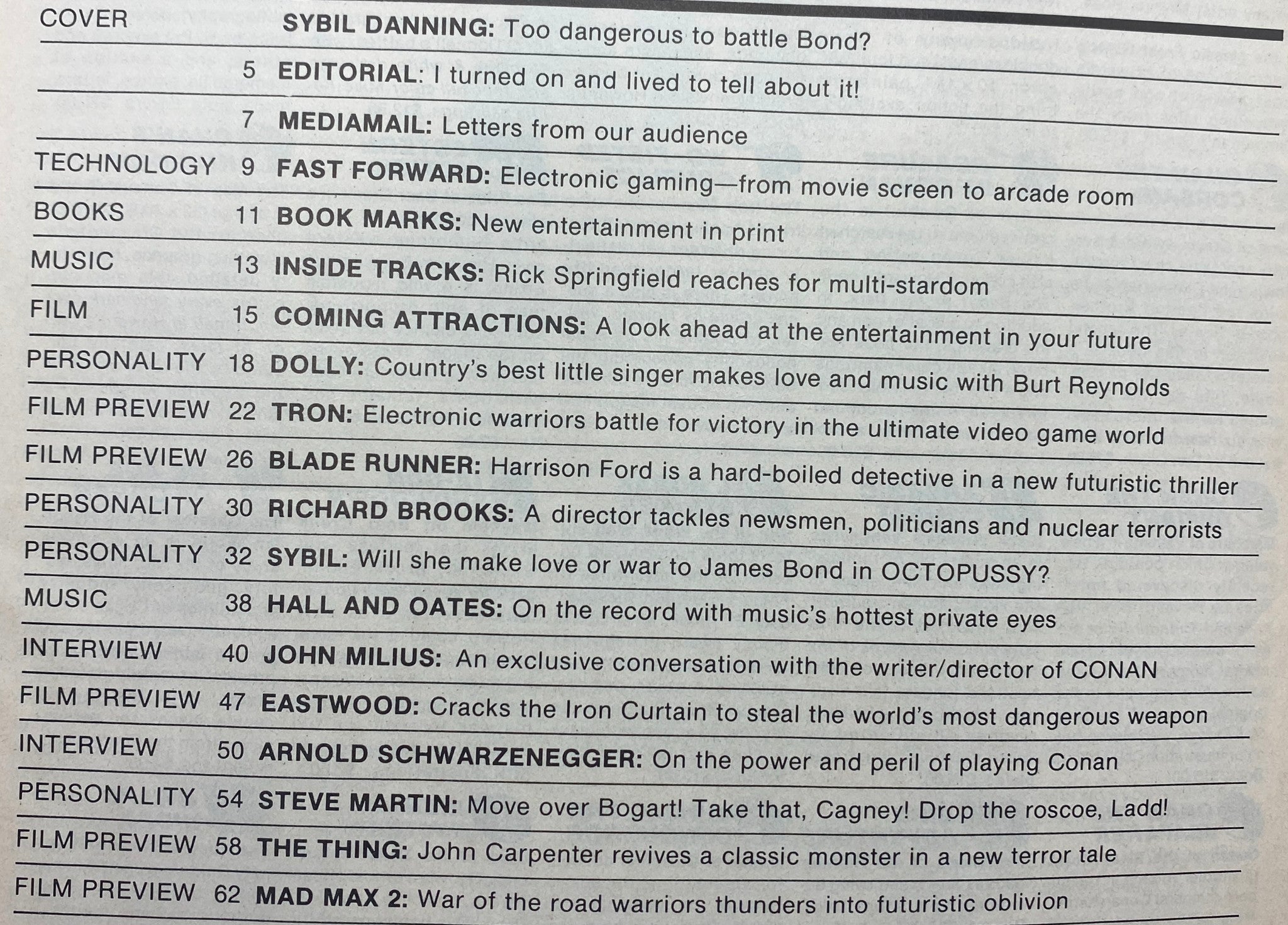 Table of contents from Prevue Magazine July 1982 listing film previews, personalities like Sybil Danning, and music features including Hall and Oates.